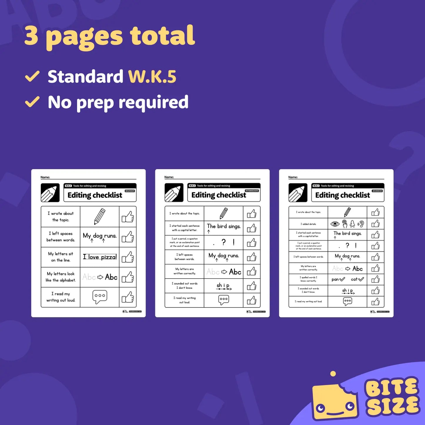 Three illustrated editing checklists for kindergarten with bold kid-friendly text.