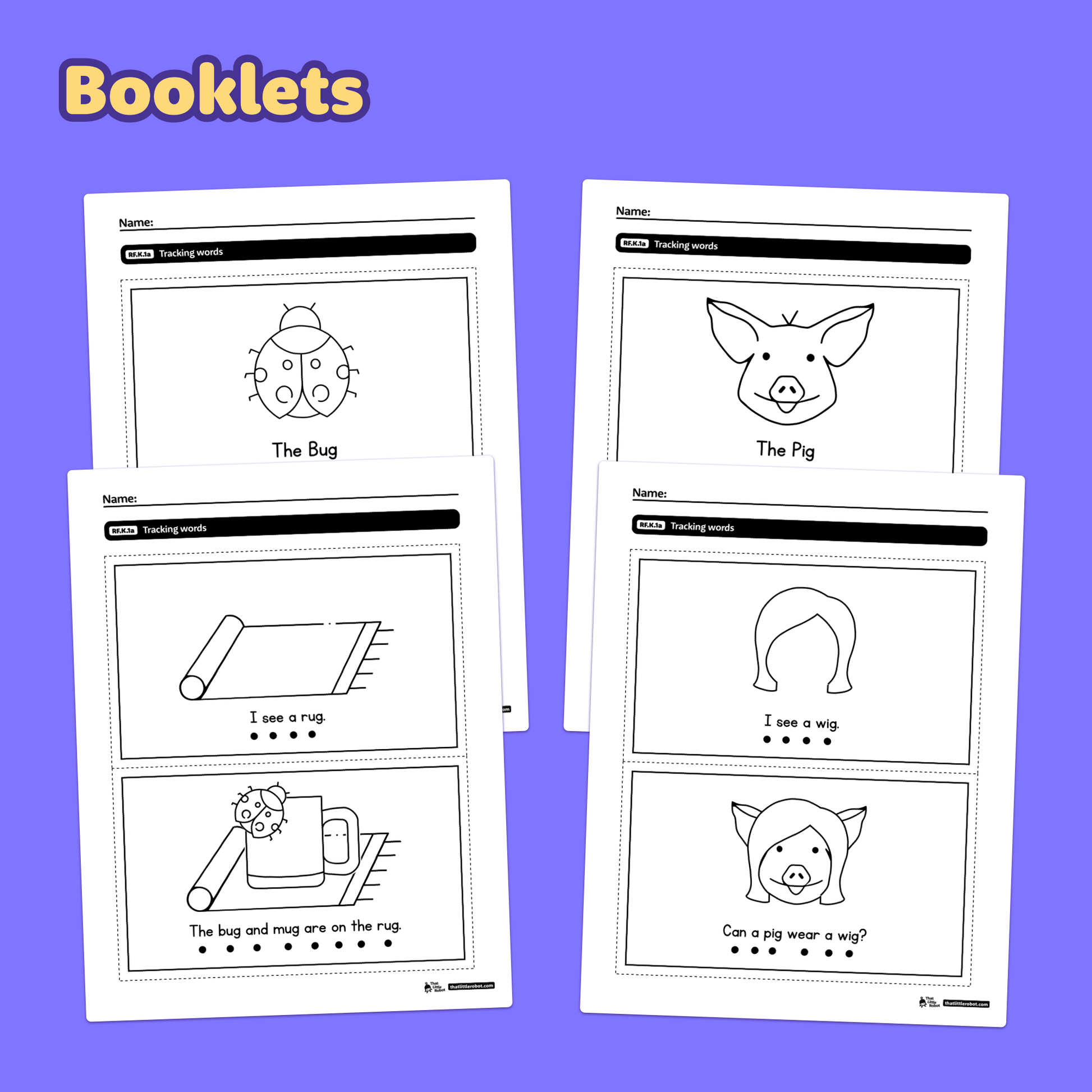 Worksheets showing tracking word activities with a bug, pig, rug, and wig.