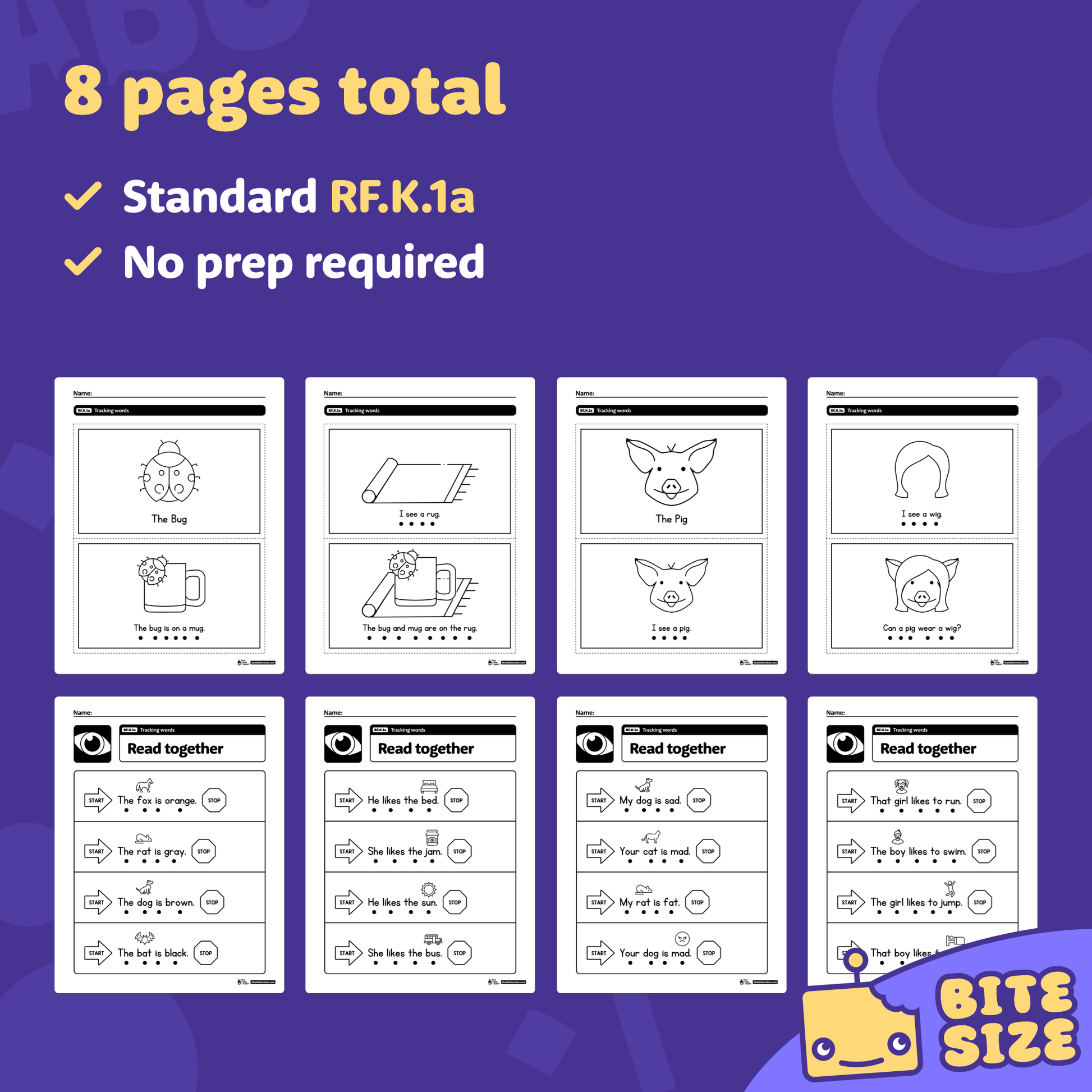 Preview of 8 kindergarten worksheets with animal-themed word tracking activities.