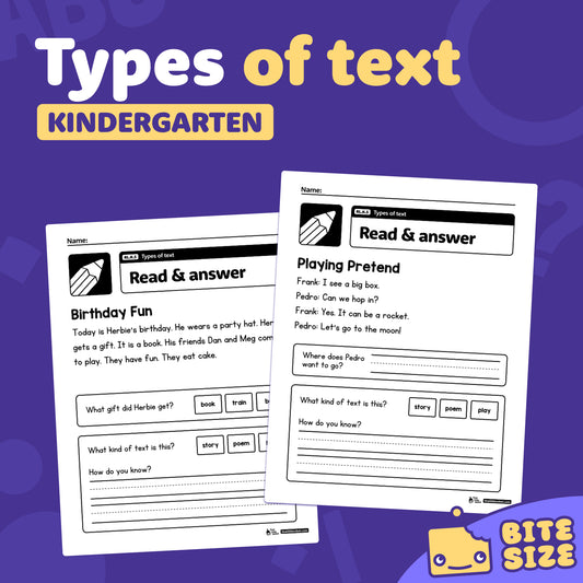 Worksheets with questions and illustrations about types of text for kindergarten.