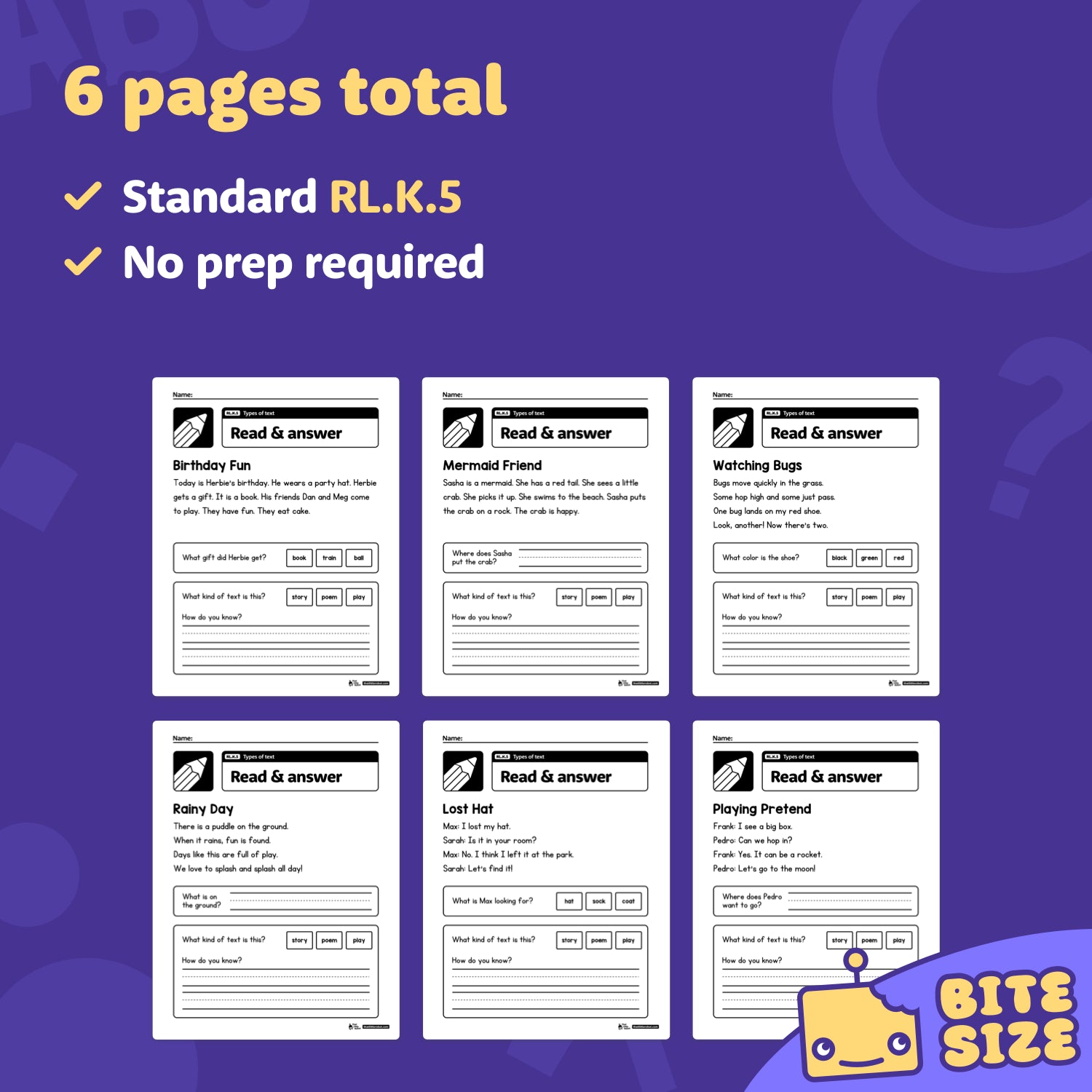 Six printable kindergarten worksheets labeled RL.K.5 are displayed.