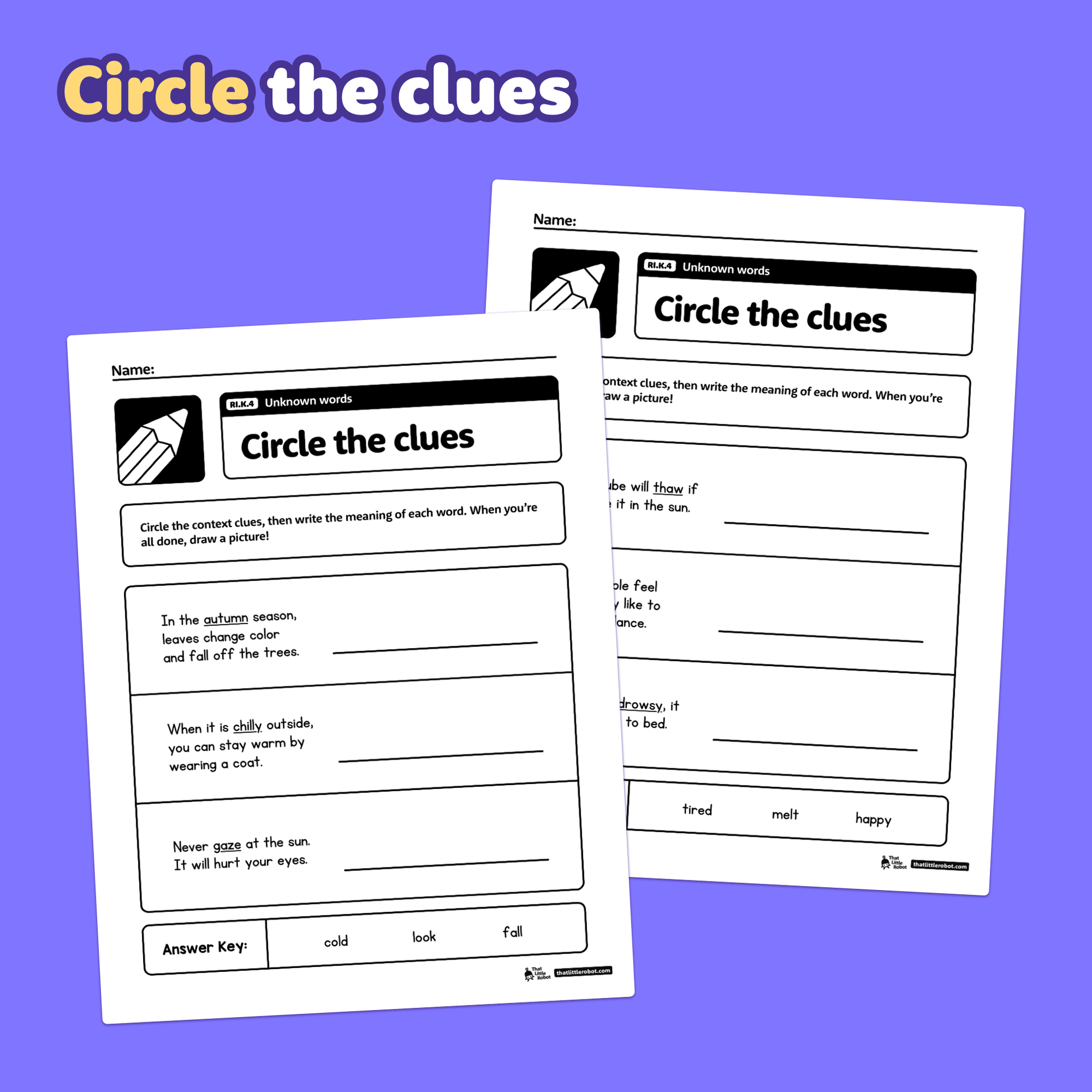 Two worksheet pages with "Circle the clues" reading comprehension activities.
