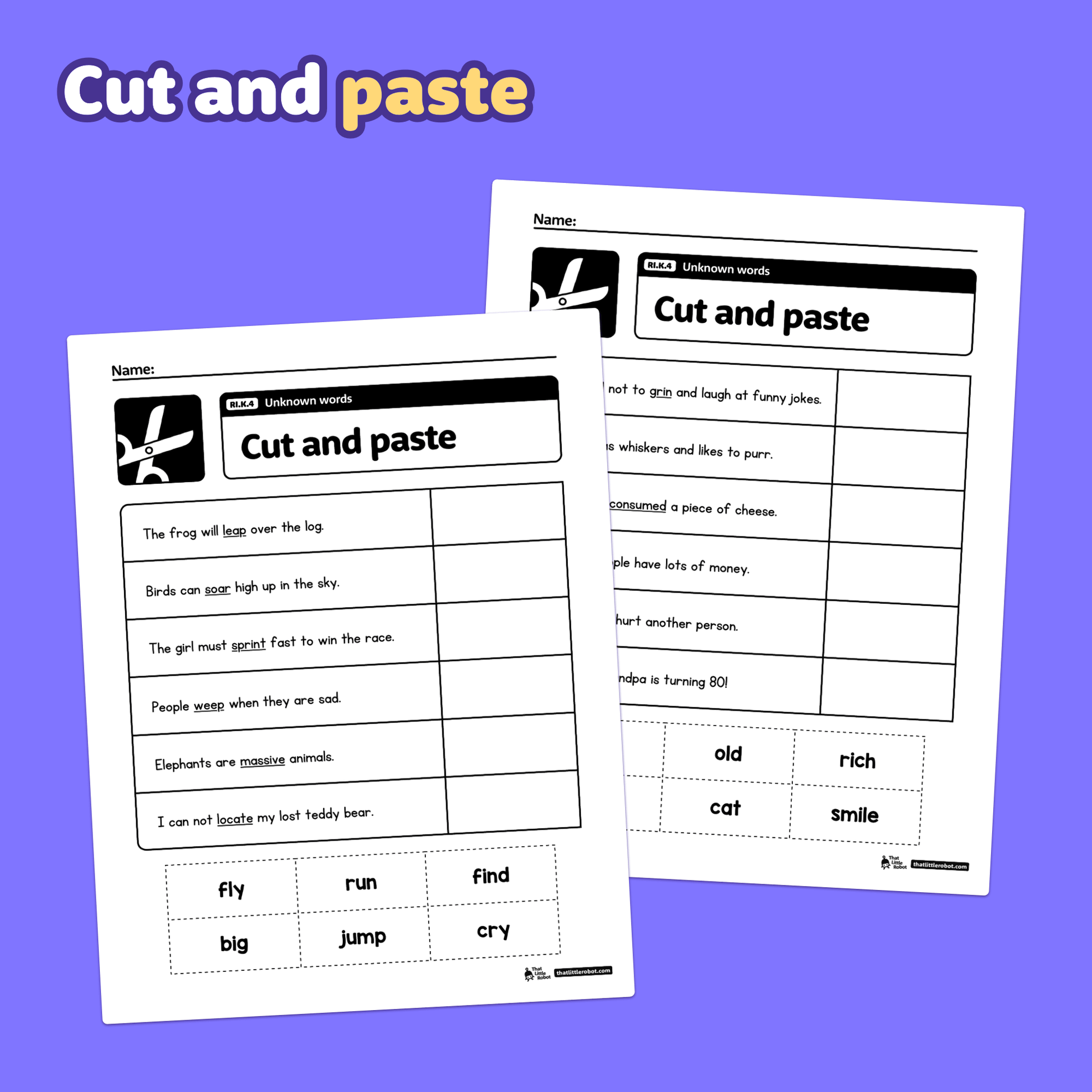 Printable kindergarten worksheets labeled "Unknown Words" and "RI.K.4.
