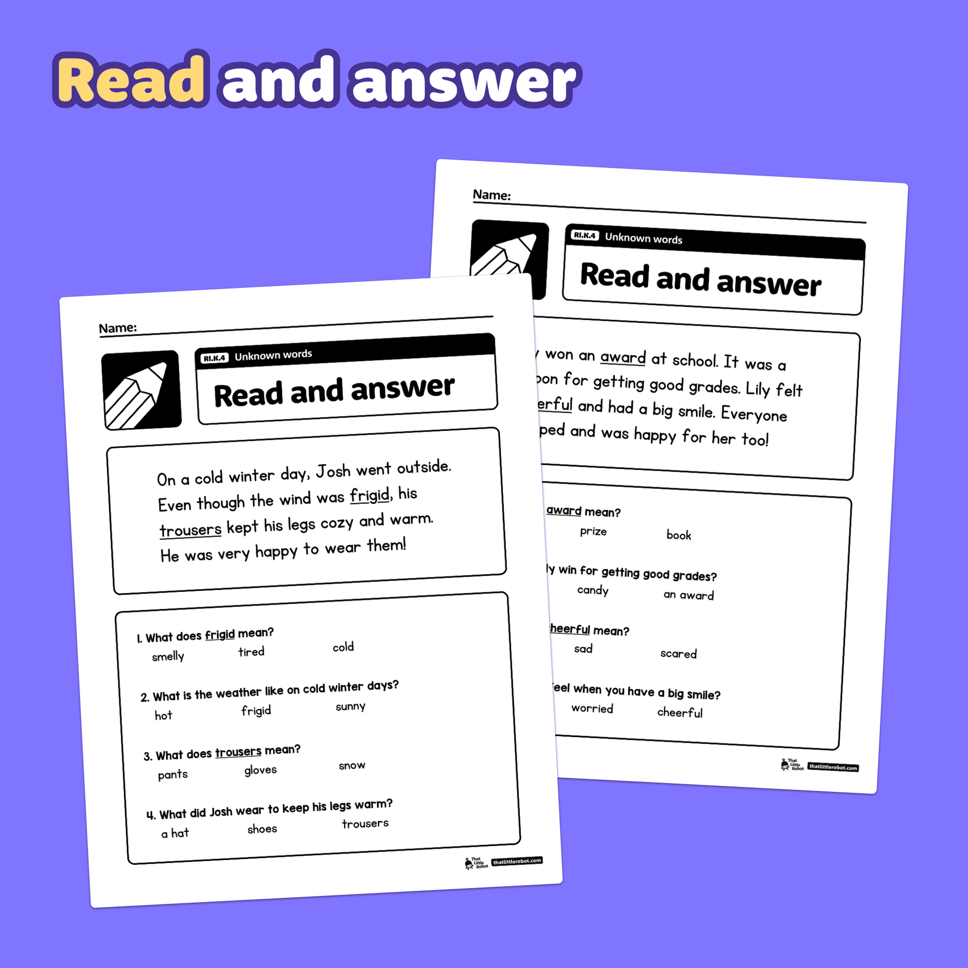 Two kindergarten worksheets focused on identifying unknown words.