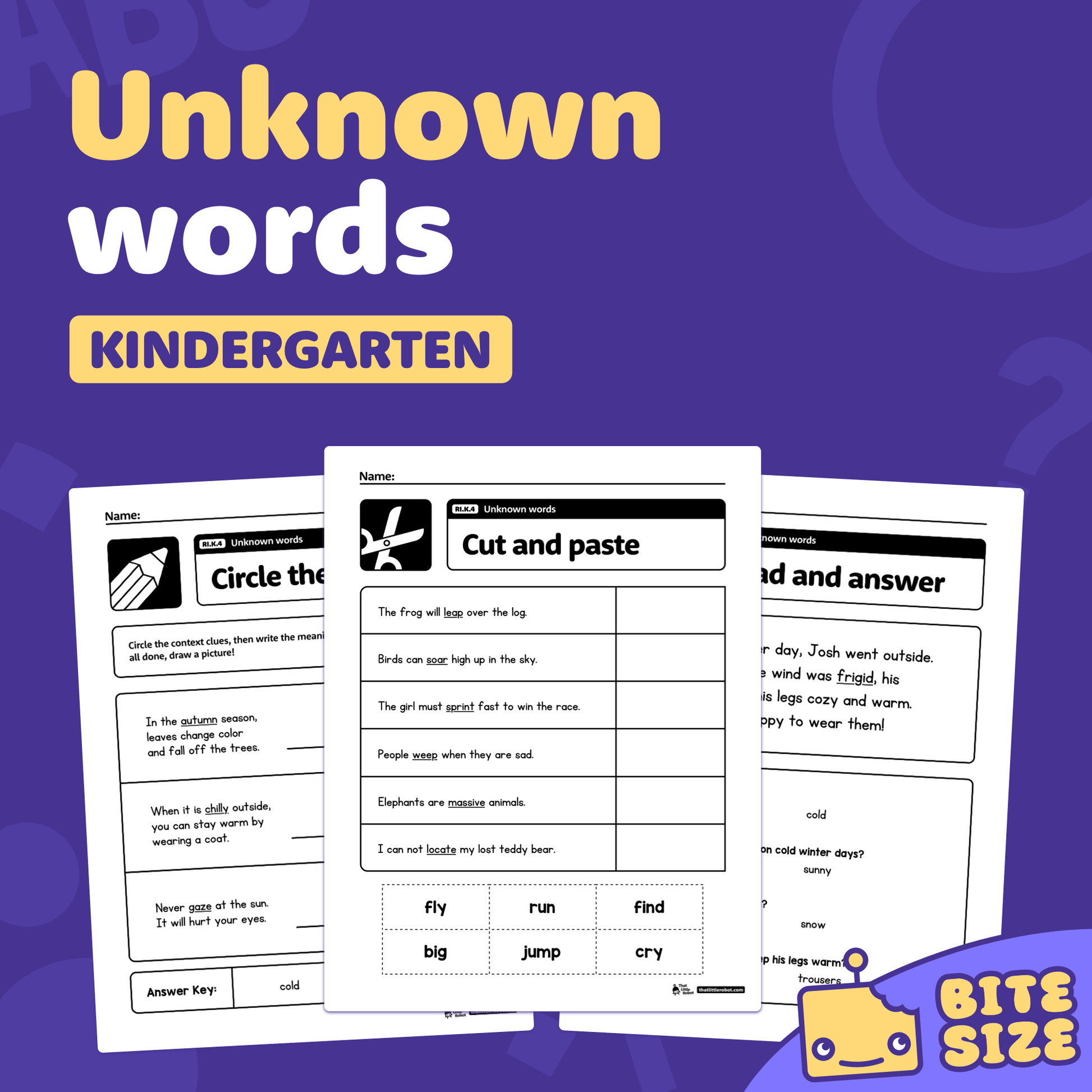 Three kindergarten worksheets labeled RI.K.4 with unknown word exercises.