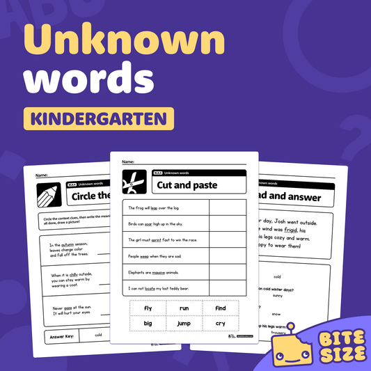 Three kindergarten worksheets labeled RI.K.4 with unknown word exercises.
