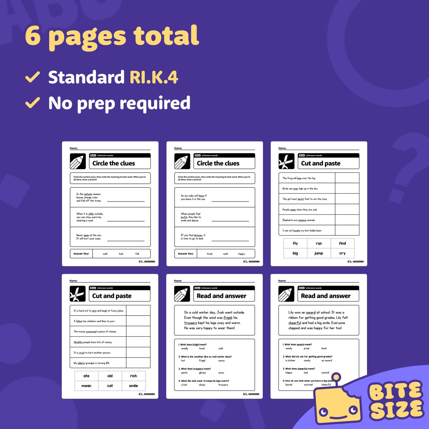 Preview of six worksheets with unknown word activities for early readers.