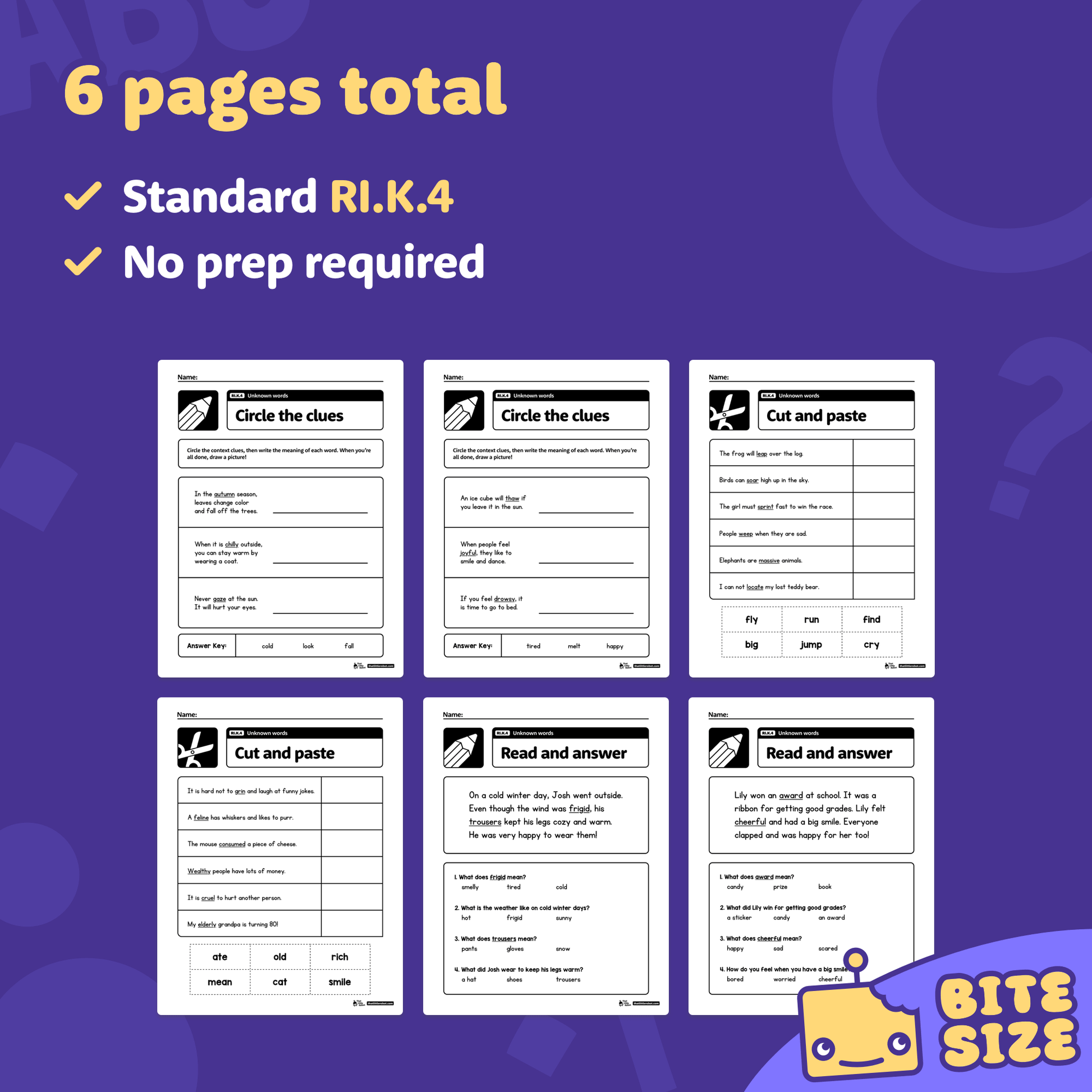 Preview of six worksheets with unknown word activities for early readers.