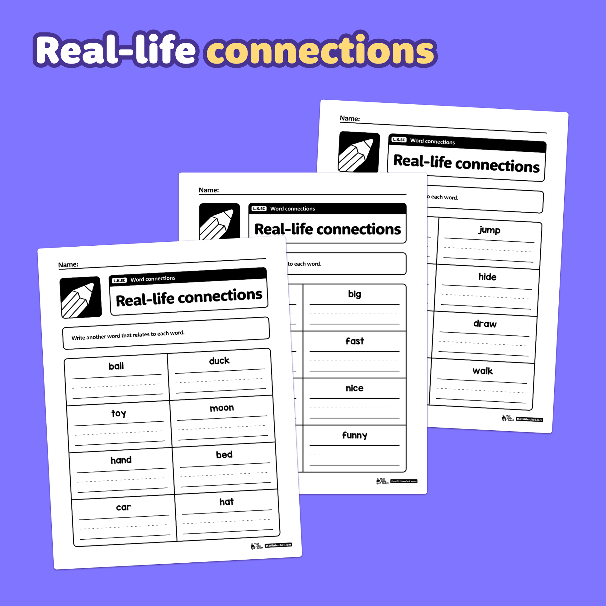 Printable worksheets labeled L.K.5c with word connection activities for kindergarten.