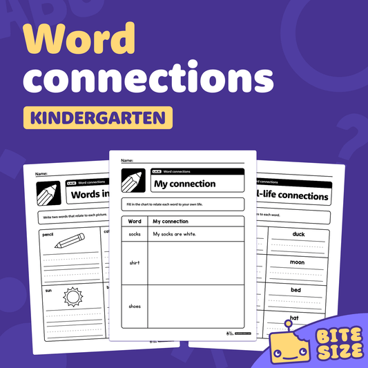 Printable kindergarten word connections worksheets labeled L.K.5c are shown.