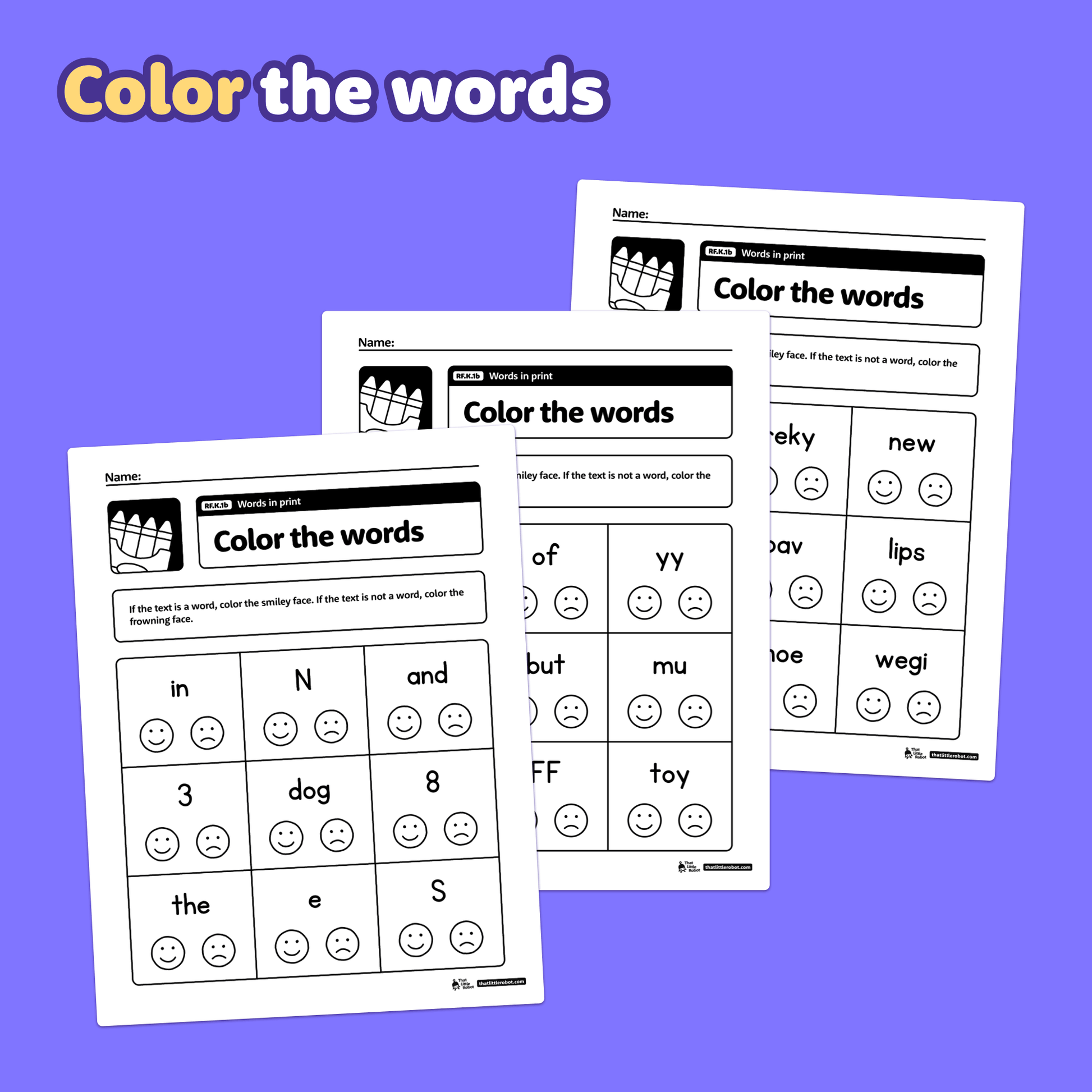 Three printable worksheets with "Color the Words" activities and smiley faces.