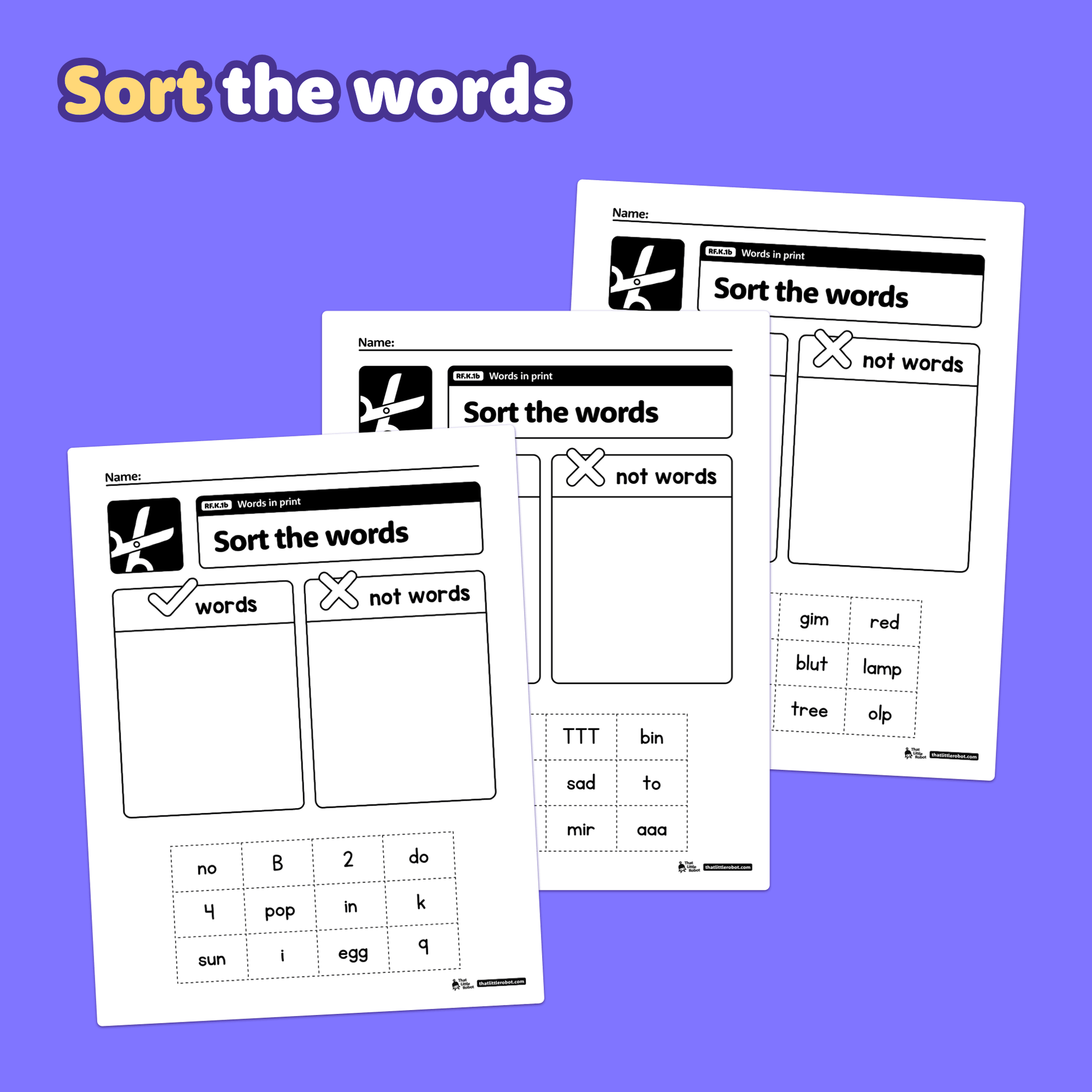 Three printable kindergarten word worksheets are displayed side by side.