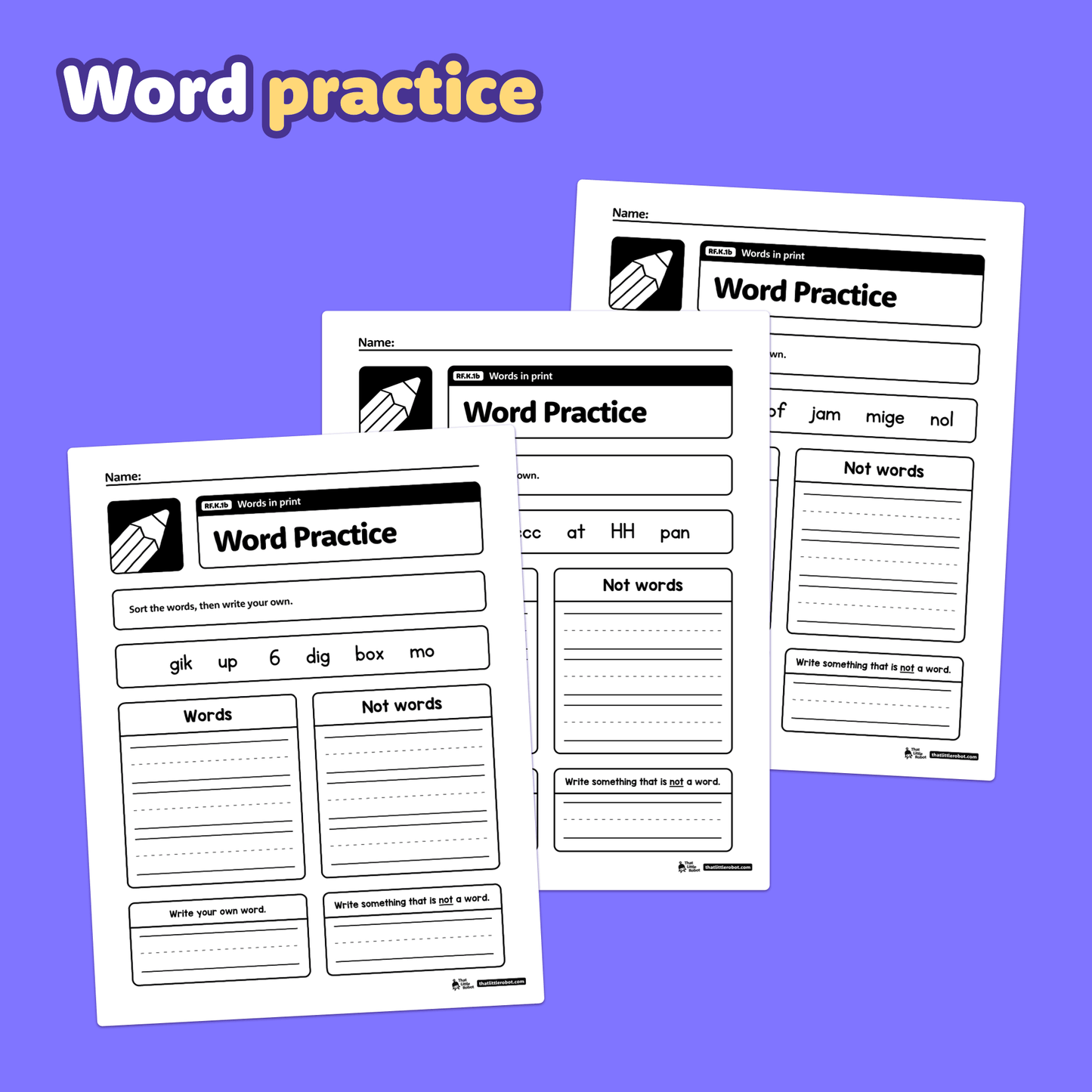 Printable worksheets displaying kindergarten word identification exercises.
