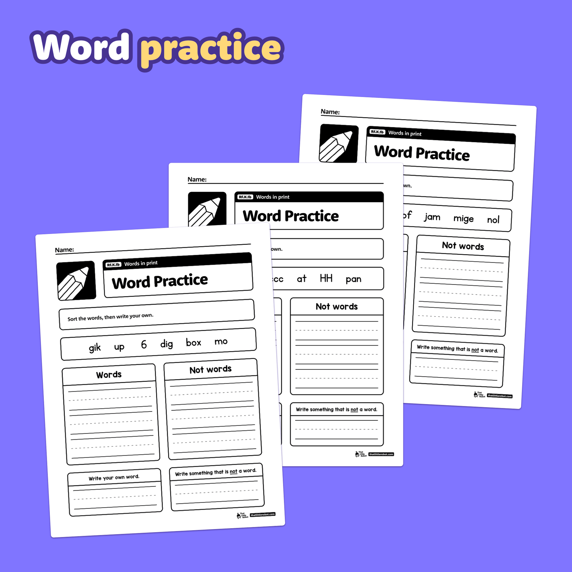 Printable worksheets displaying kindergarten word identification exercises.