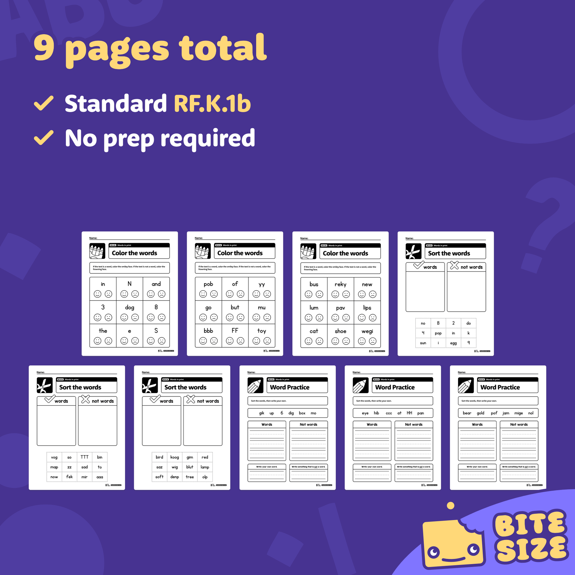 Preview of nine printable kindergarten word worksheets in PDF format.