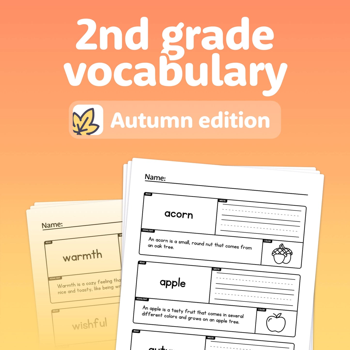 Second grade vocabulary worksheets with words like acorn and apple.