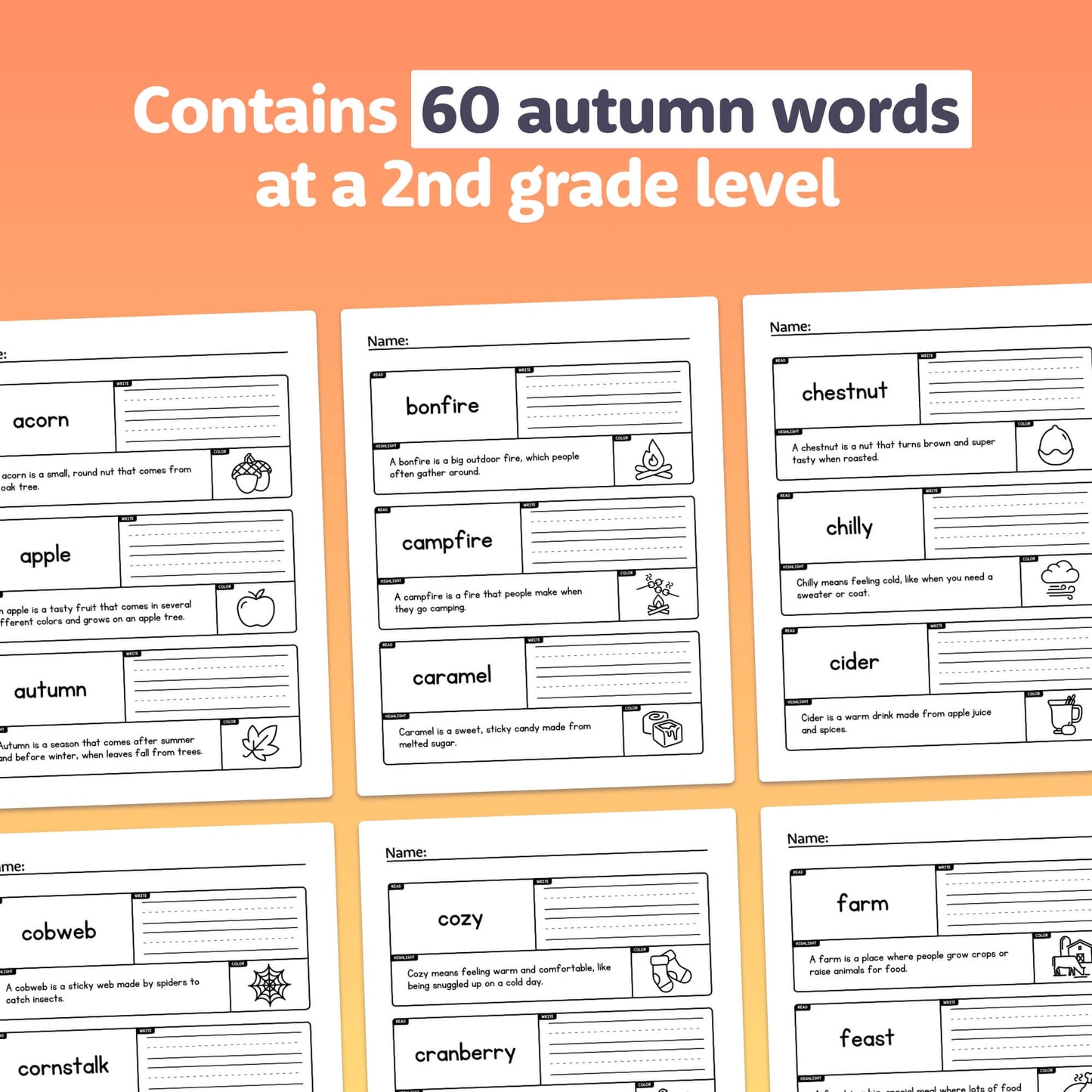 Autumn 2nd Grade Vocabulary Worksheets with 60 seasonal words like acorn and bonfire.