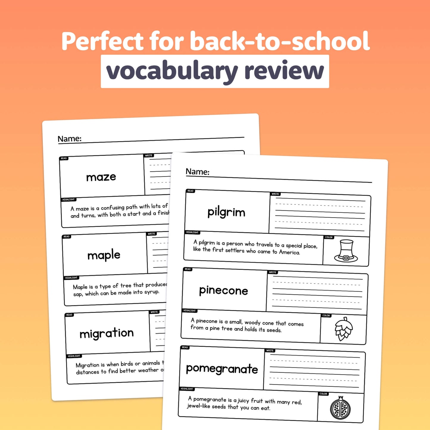 Two 2nd grade vocabulary worksheets for back-to-school review.