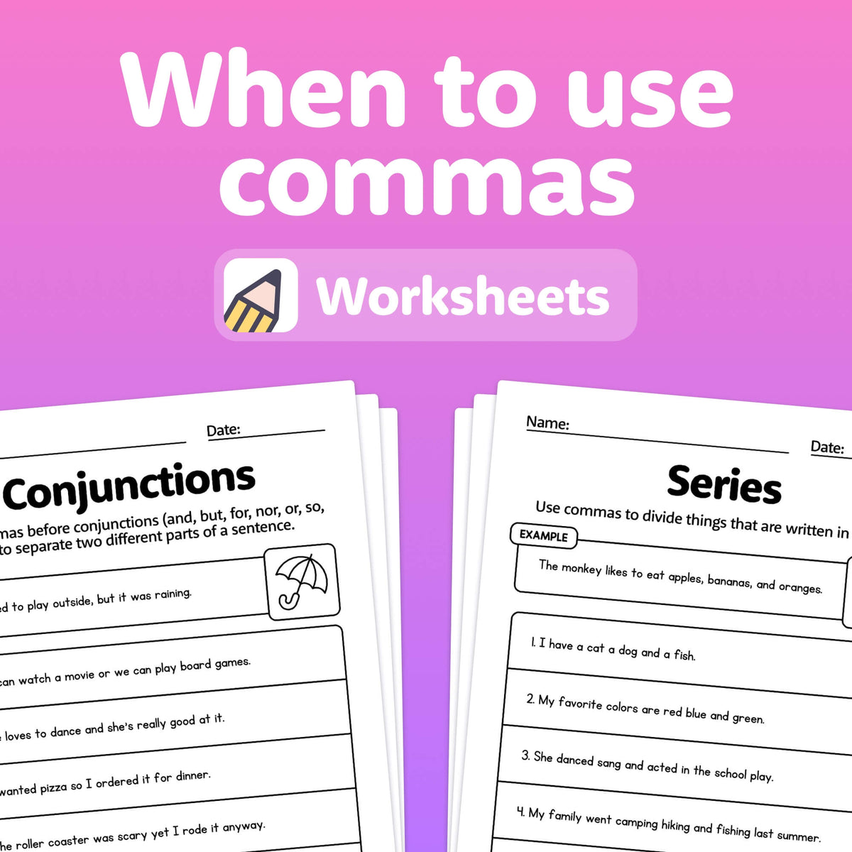 Simple Comma When to Use Commas Worksheets (Printable PDF) – That Little Robot