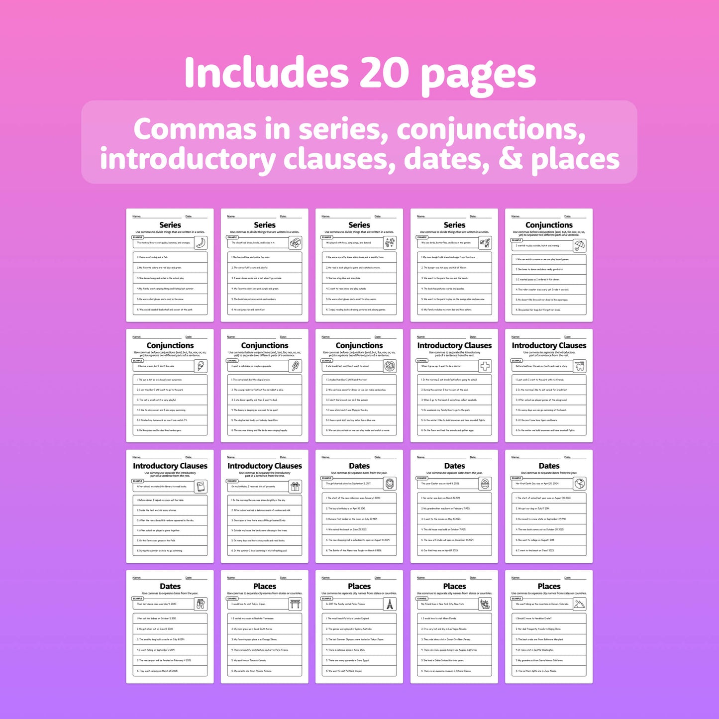 Worksheets with exercises on using commas in series, dates, and places.