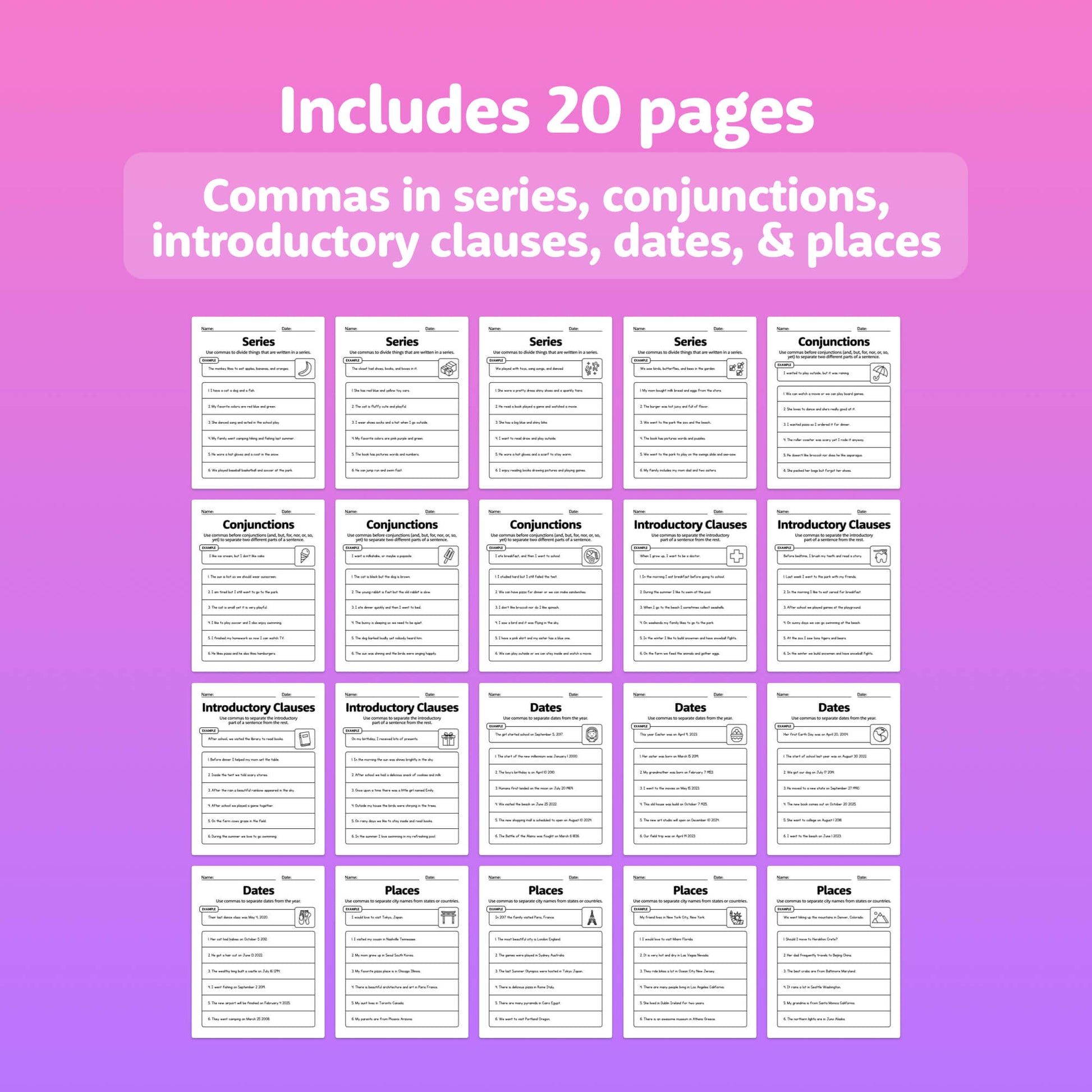 Worksheets with exercises on using commas in series, dates, and places.