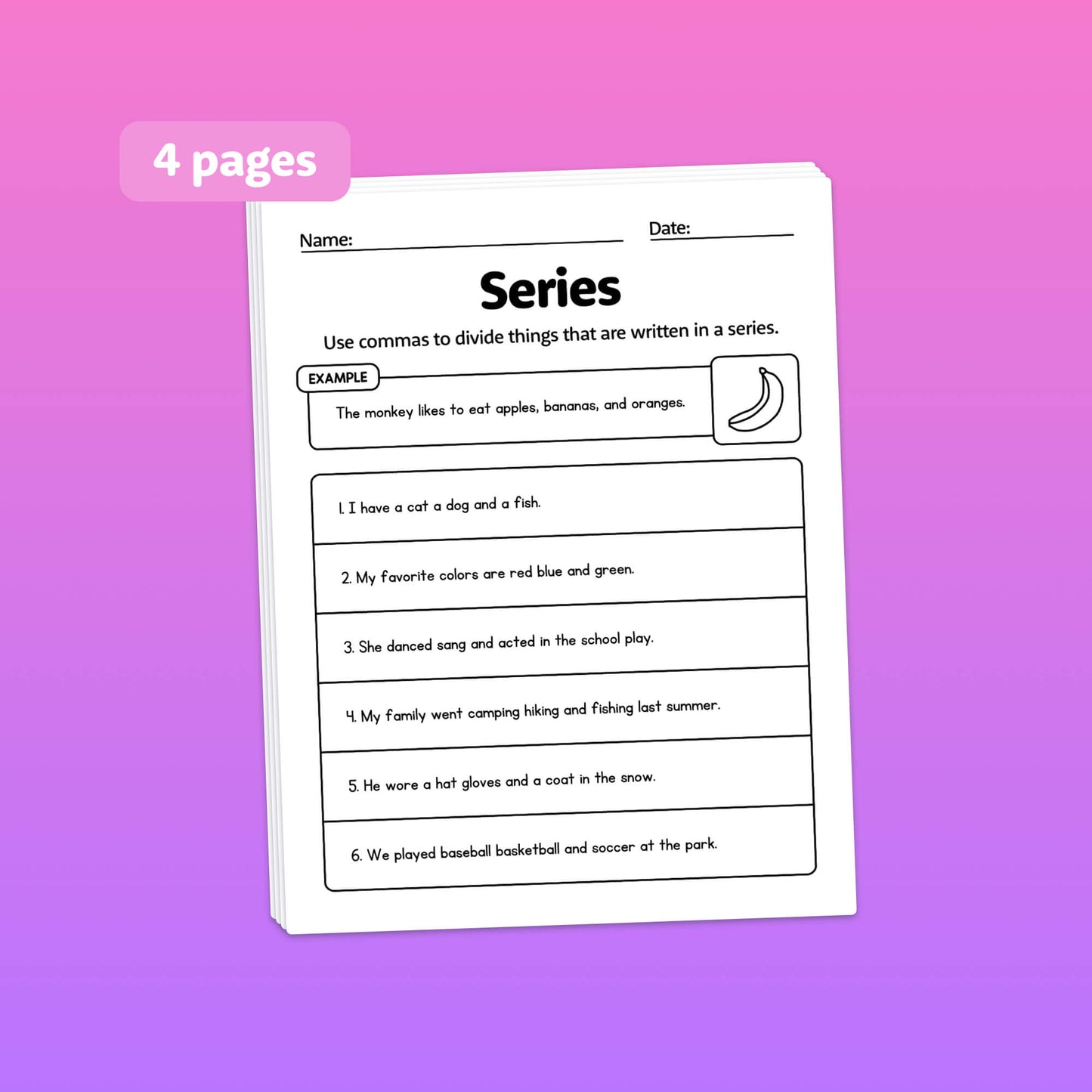 Worksheets showing examples of when to use commas.