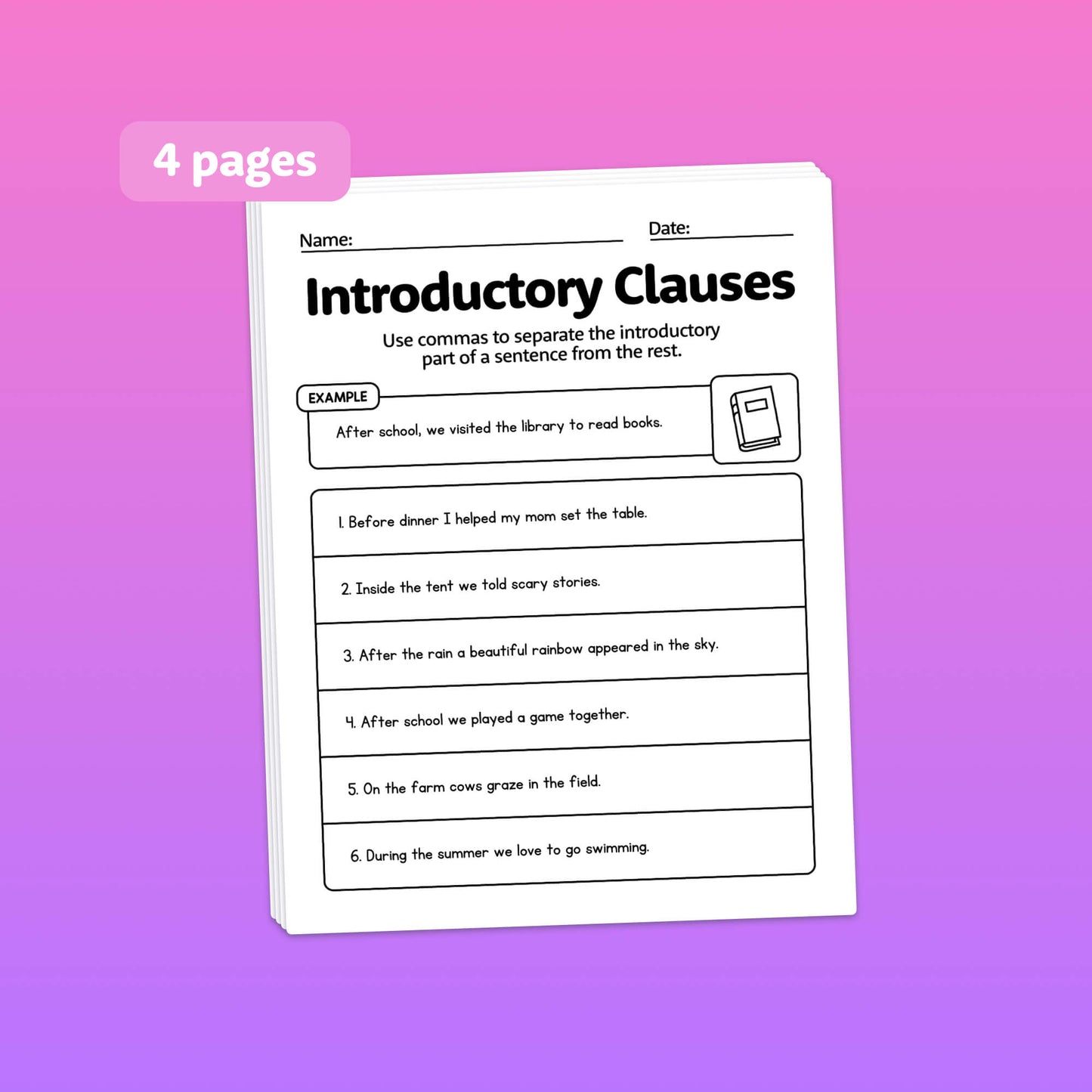 Worksheet titled "When to Use Commas," labeled as 4 pages.