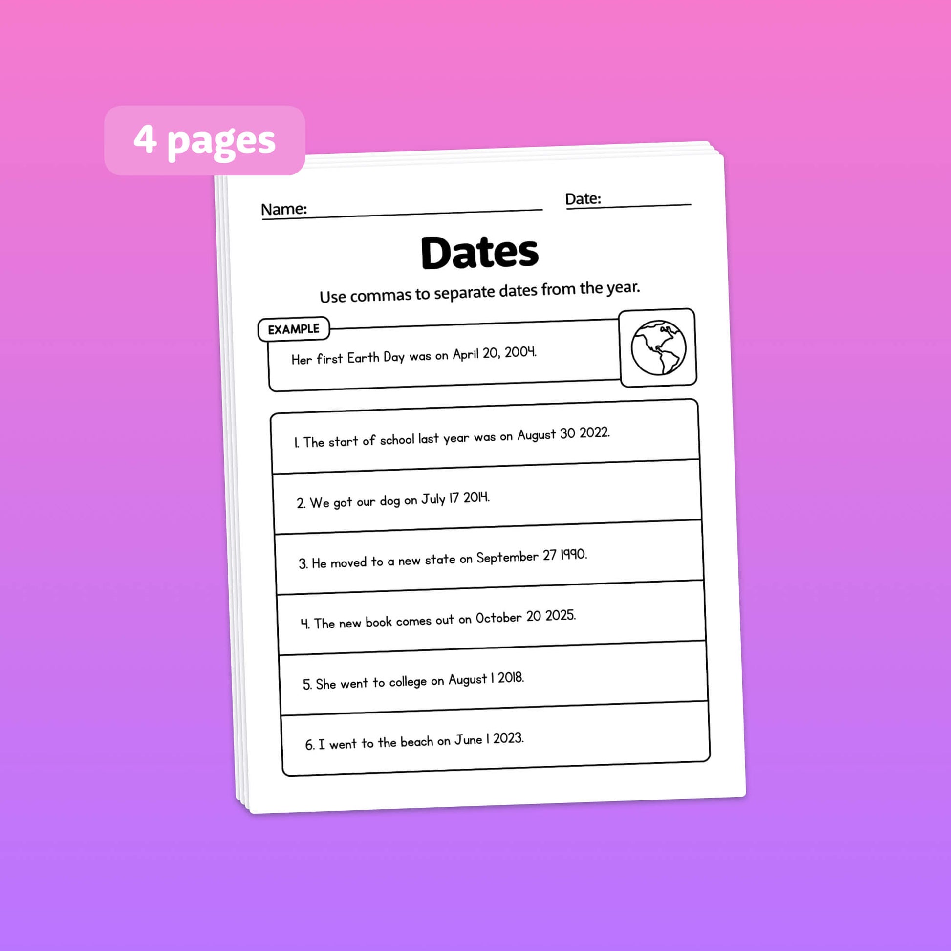 Worksheet titled "When to Use Commas" with 4 pages to be completed.