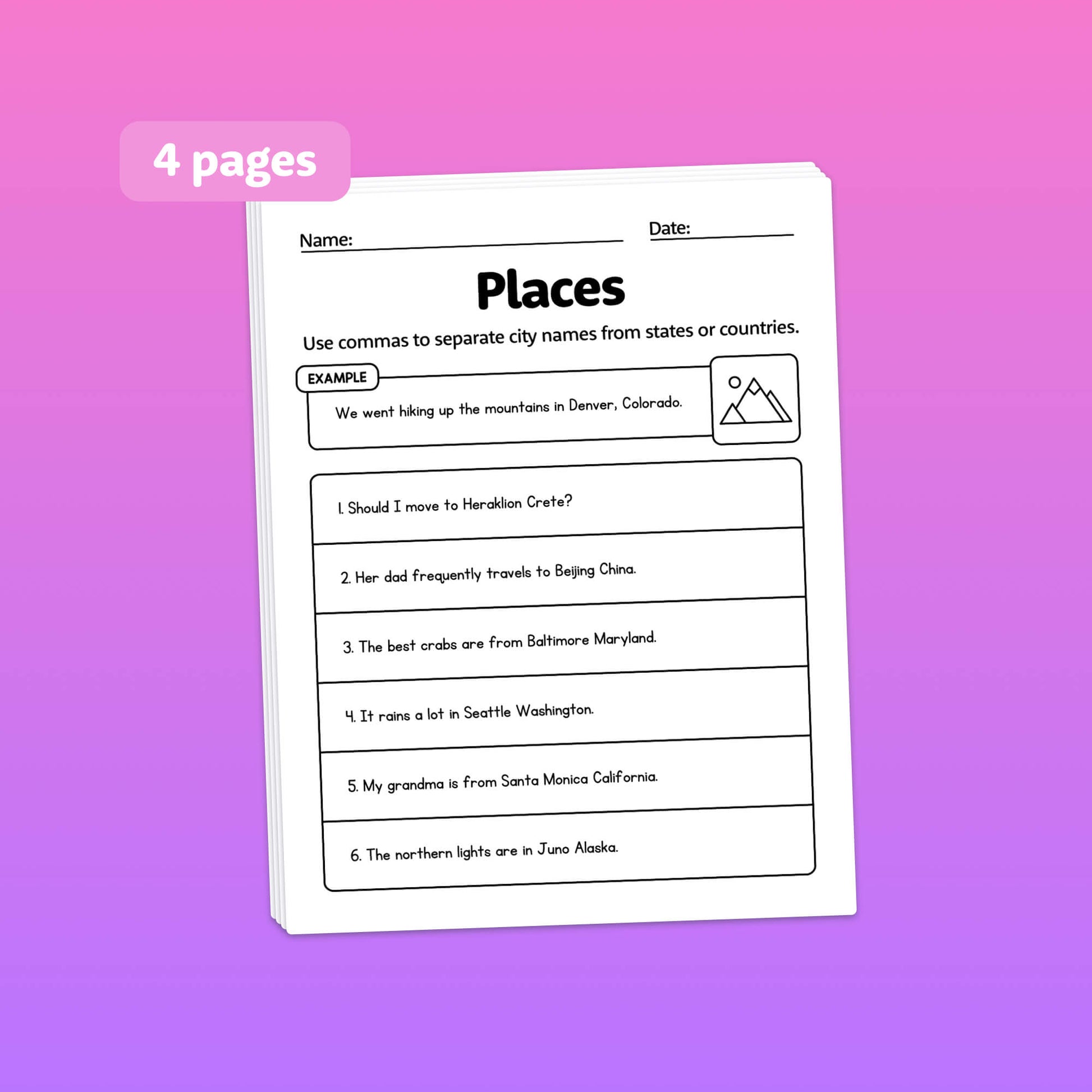Workbook page titled "Places" with sentences from comma usage exercises.