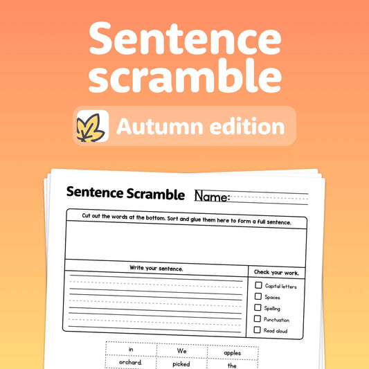 Autumn-themed sentence scramble worksheets with blank spaces for writing.