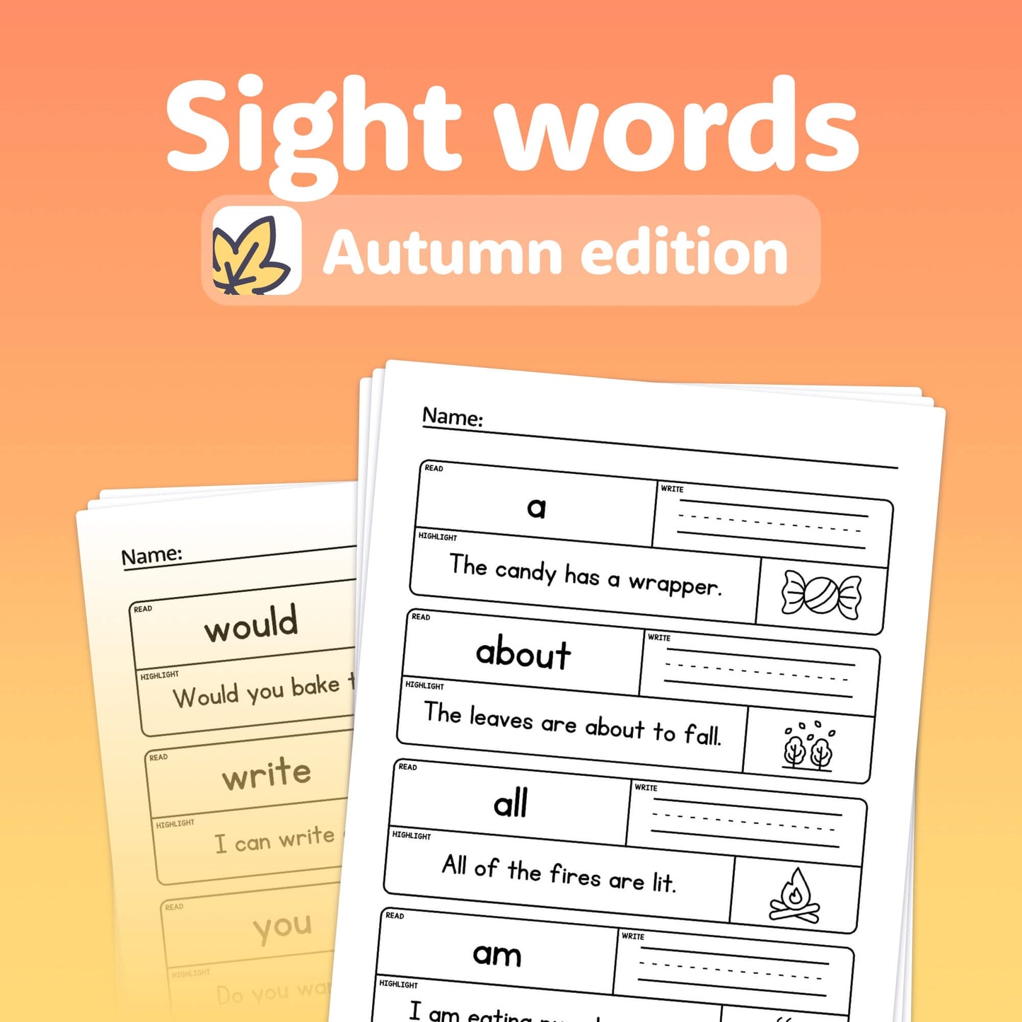 Sight words activity for kids with words and example sentences.