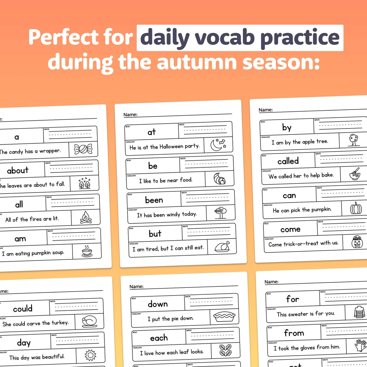 Three worksheets with sentences for daily vocabulary practice.