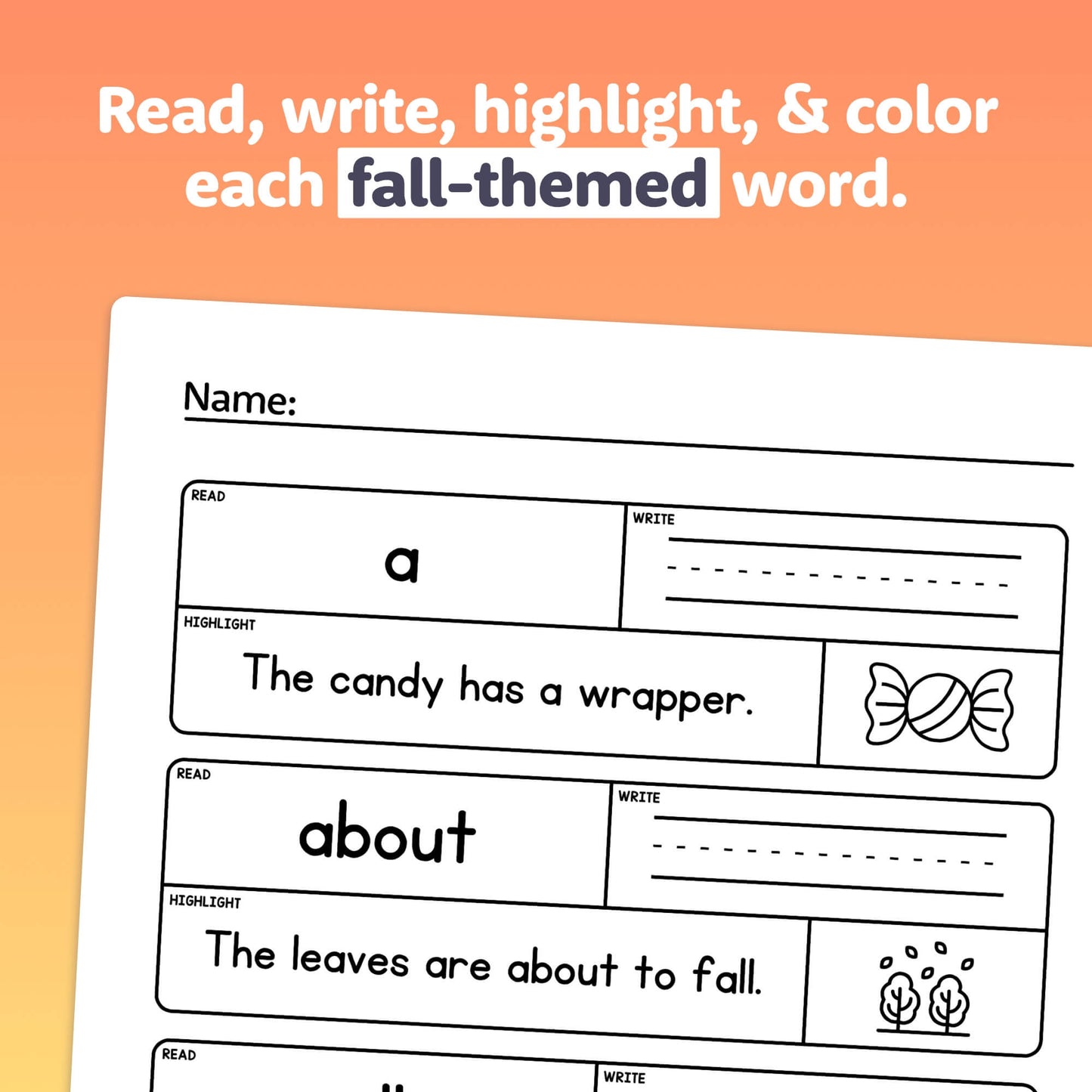 Activity to read, write, highlight, and color fall-themed words like "candy" and "about.