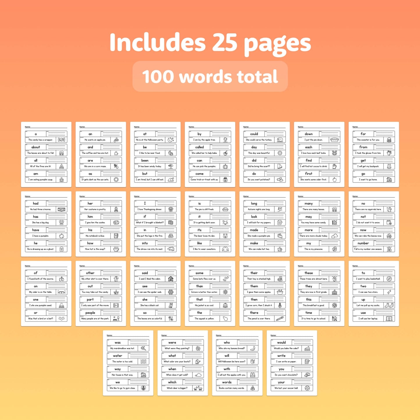 25 worksheet pages from an educational resource displayed with text above.