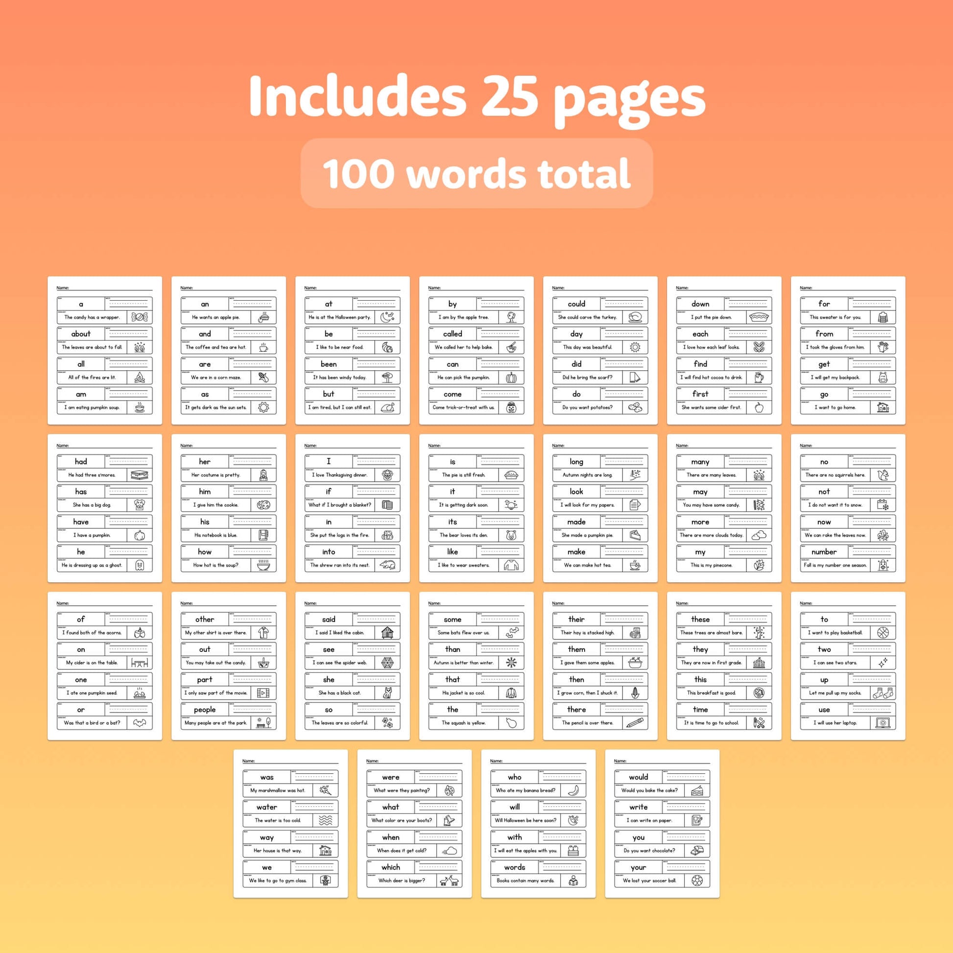 25 worksheet pages from an educational resource displayed with text above.