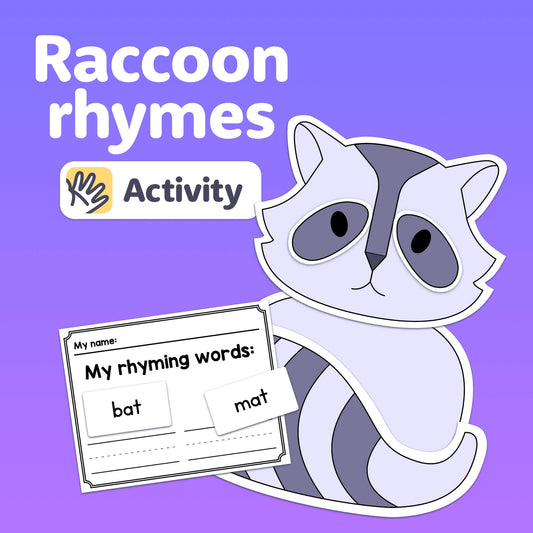 A cartoon raccoon holds a Raccoon Rhymes Activity card.