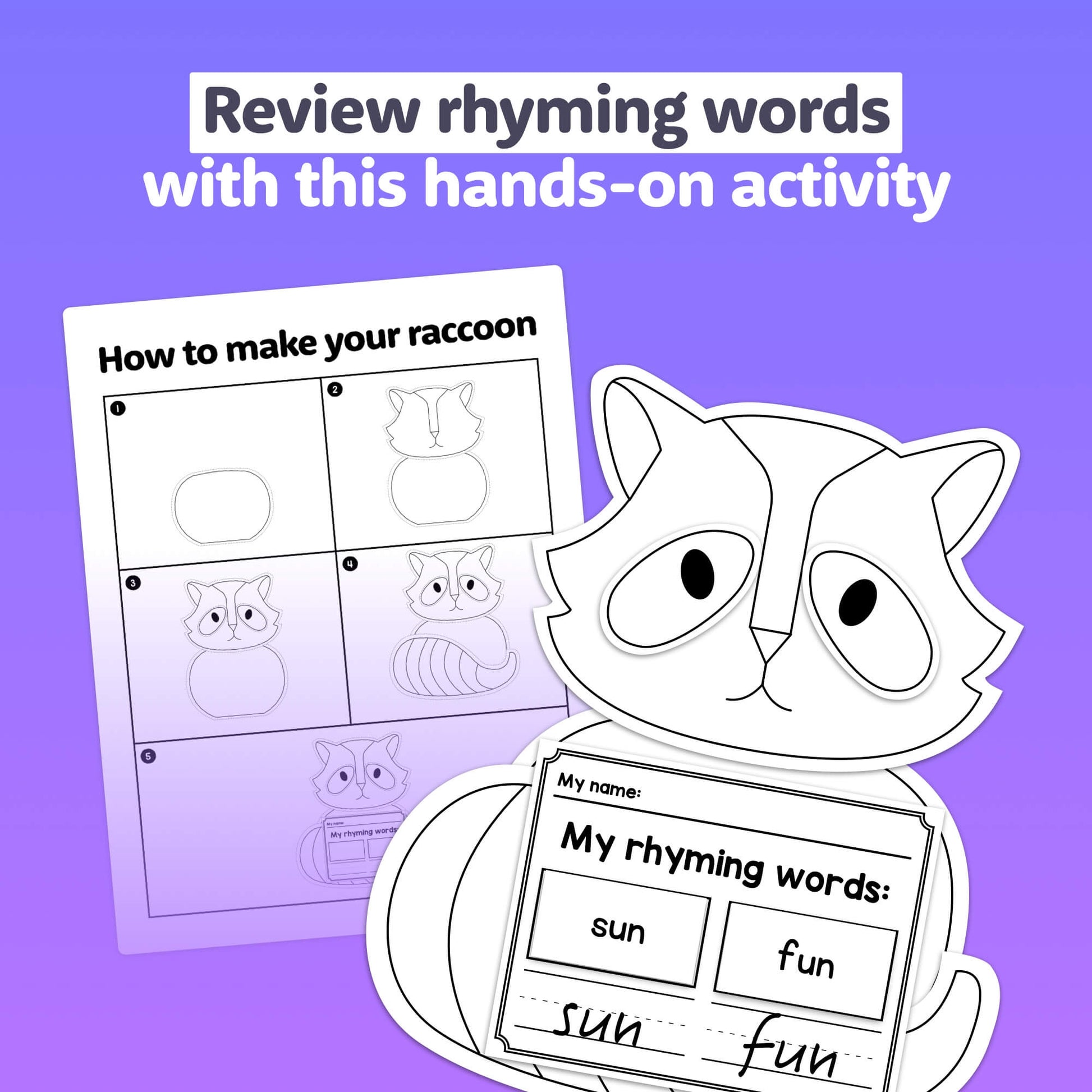 Cartoon raccoon with rhyming words on an activity sheet.