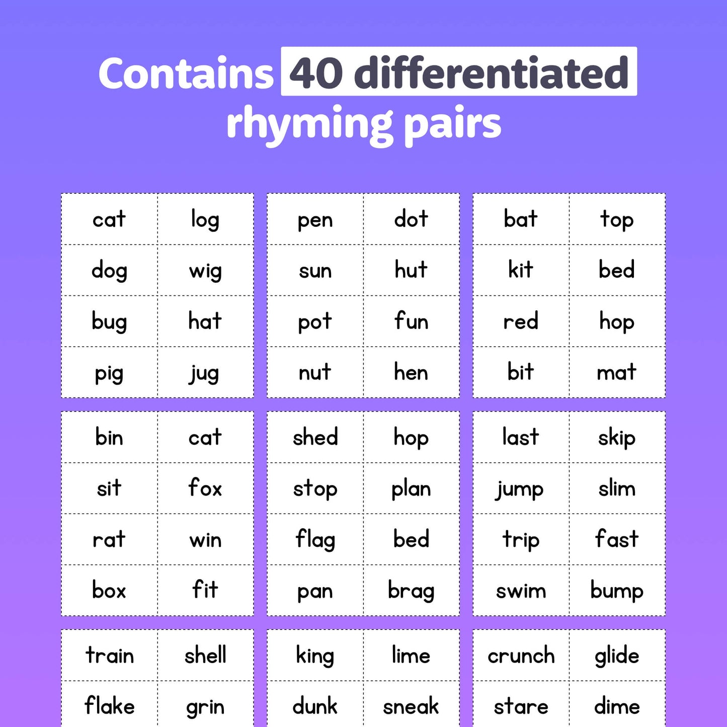 Grid displaying rhyming pairs with a raccoon theme.