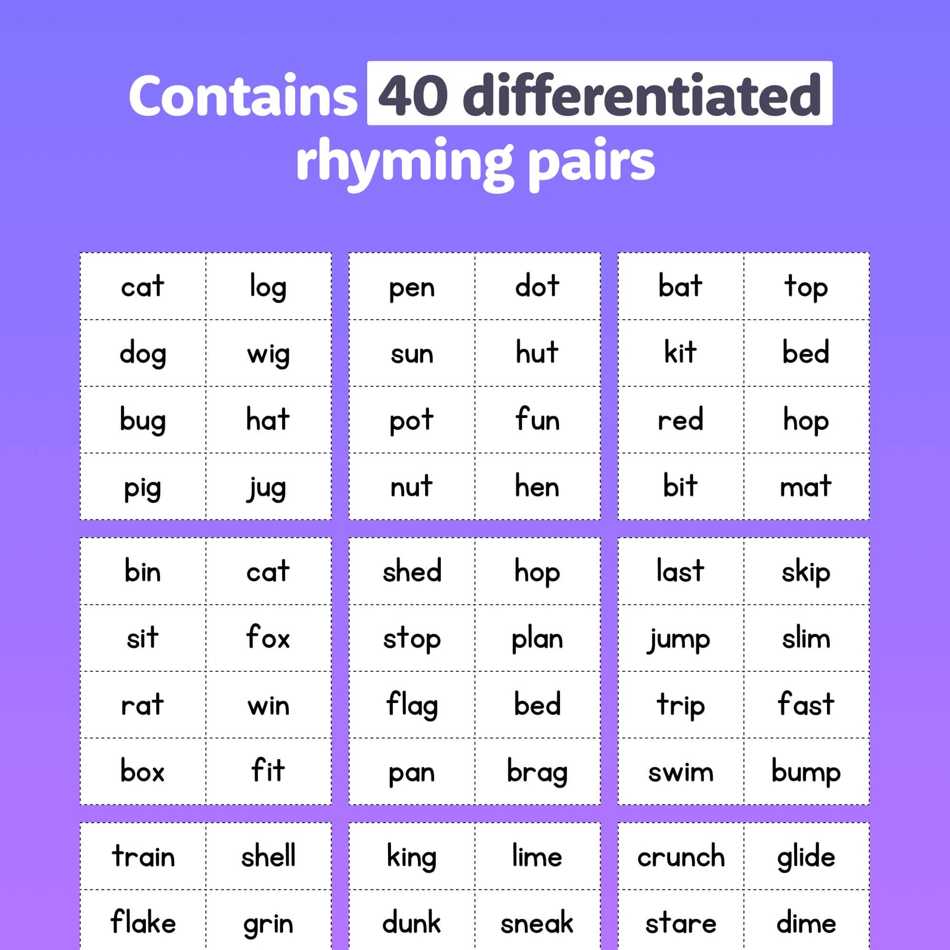 Grid displaying rhyming pairs with a raccoon theme.