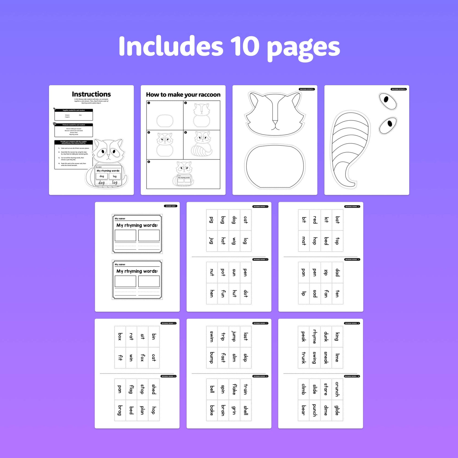 Ten printable pages with raccoon-themed word creation and rhyming activities.