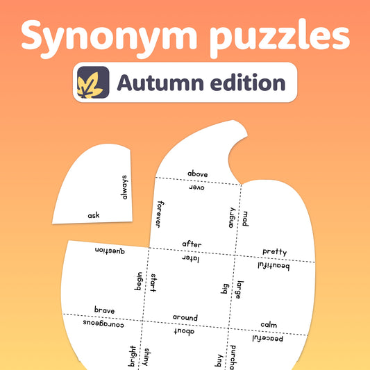 Pumpkin-shaped pieces with word pairs as synonyms.