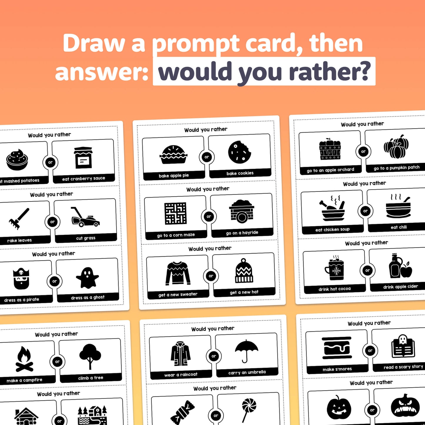 Six sets of "Would You Rather" activity cards with autumn-themed scenarios.