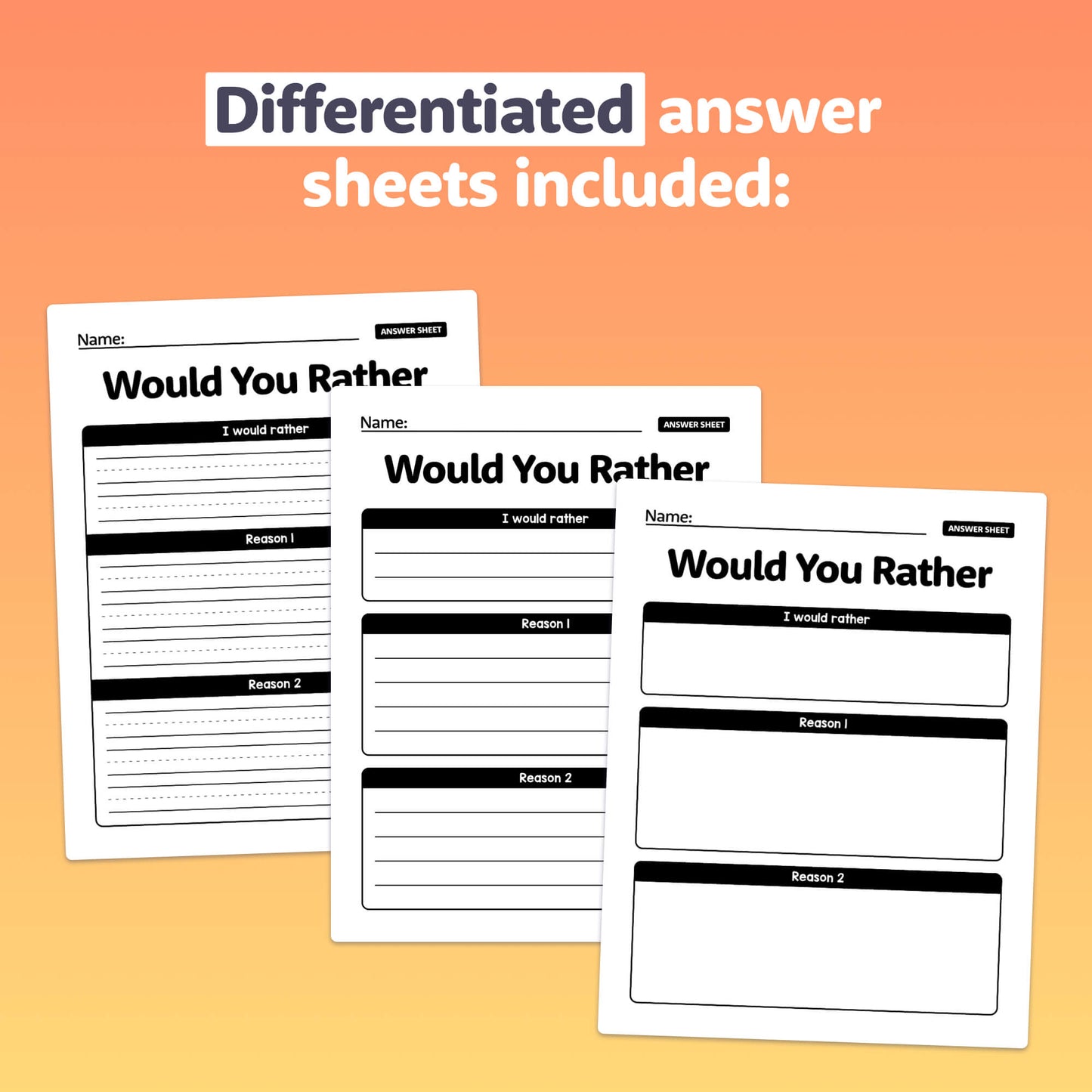 Three differentiated answer sheets for an autumn-themed activity.