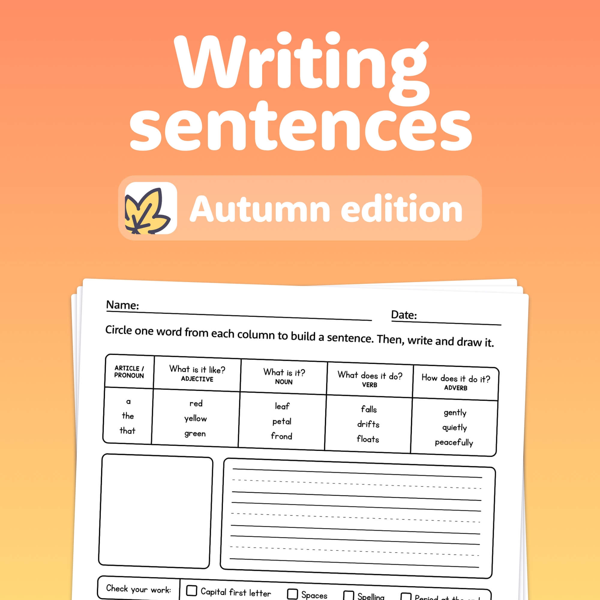 Autumn Writing Sentences Worksheets (Printable PDF) – That Little Robot