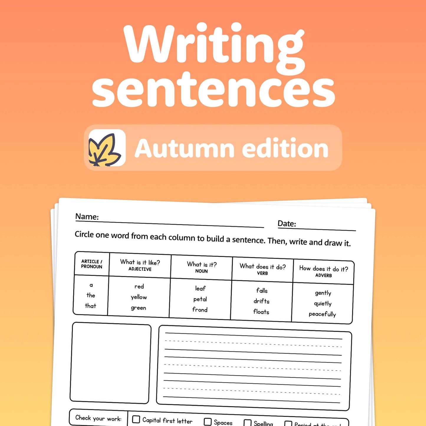 Autumn-themed writing sentences worksheets.