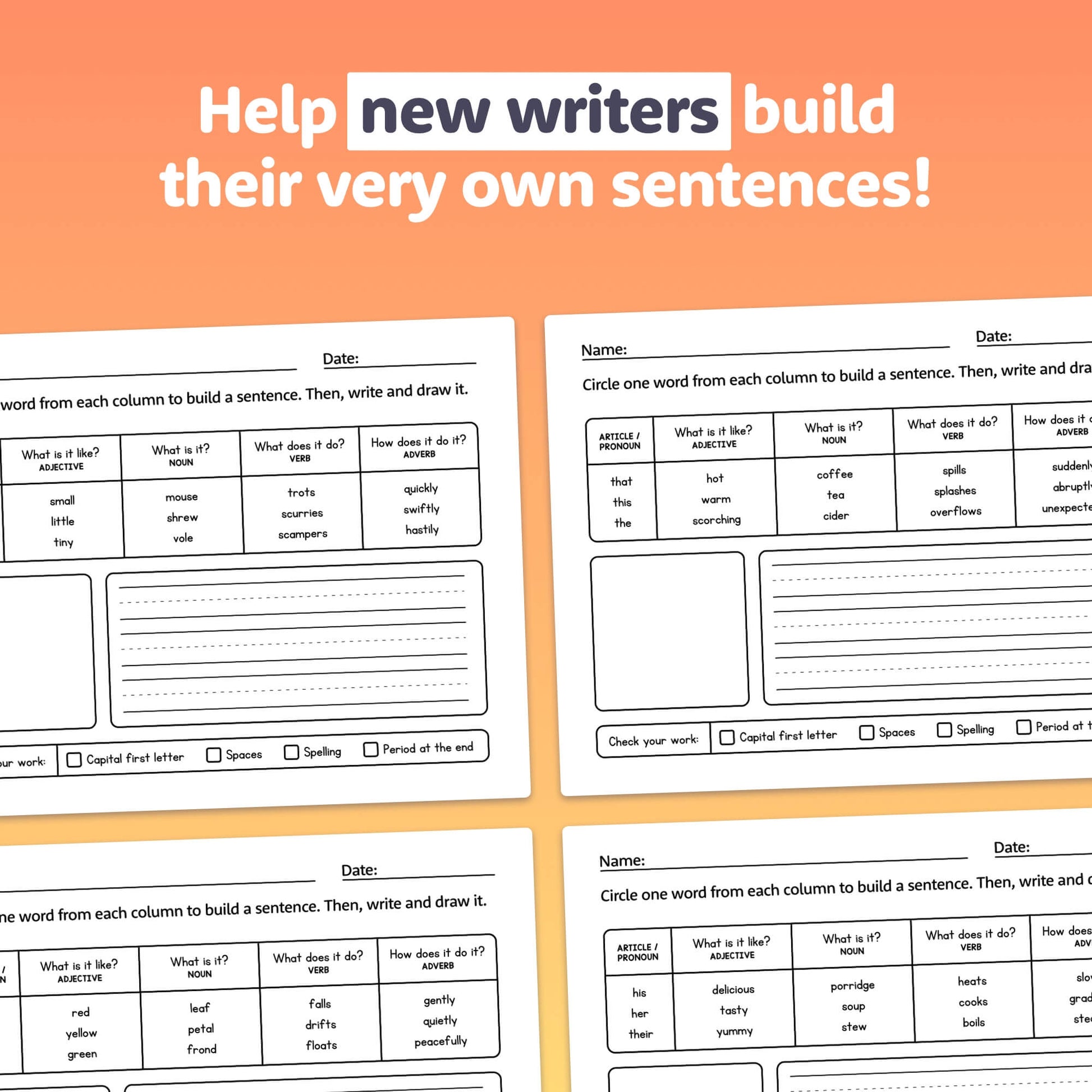 Worksheets for new writers to create sentences using words and pictures.