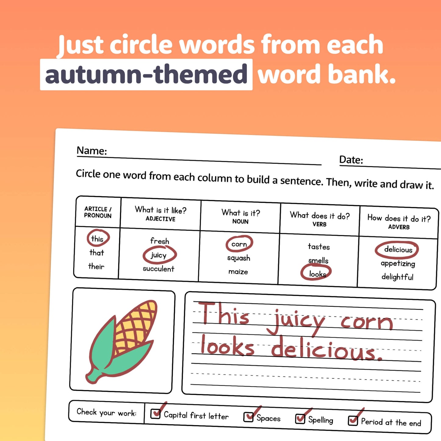 Worksheet with autumn-themed word banks and a completed sentence about juicy corn.