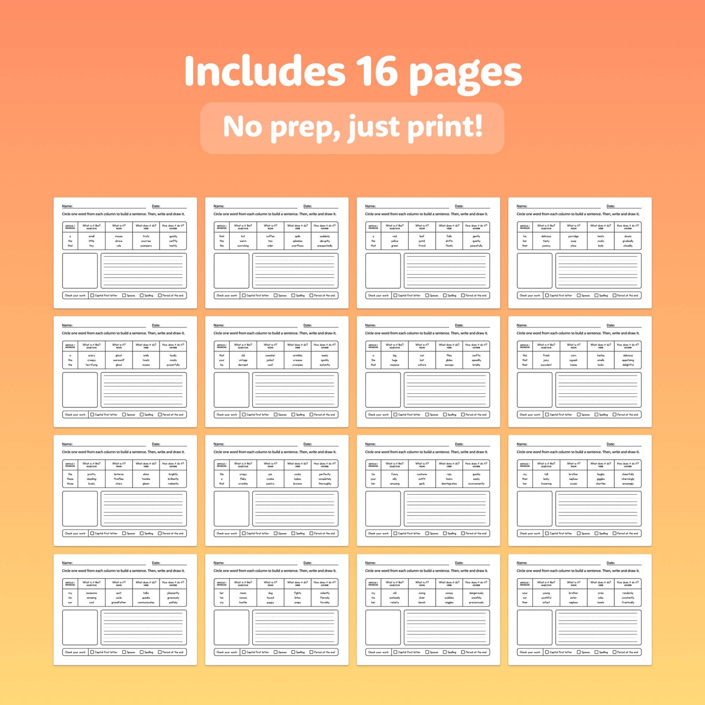 Grid of worksheets labeled "Includes 16 pages. No prep, just print!