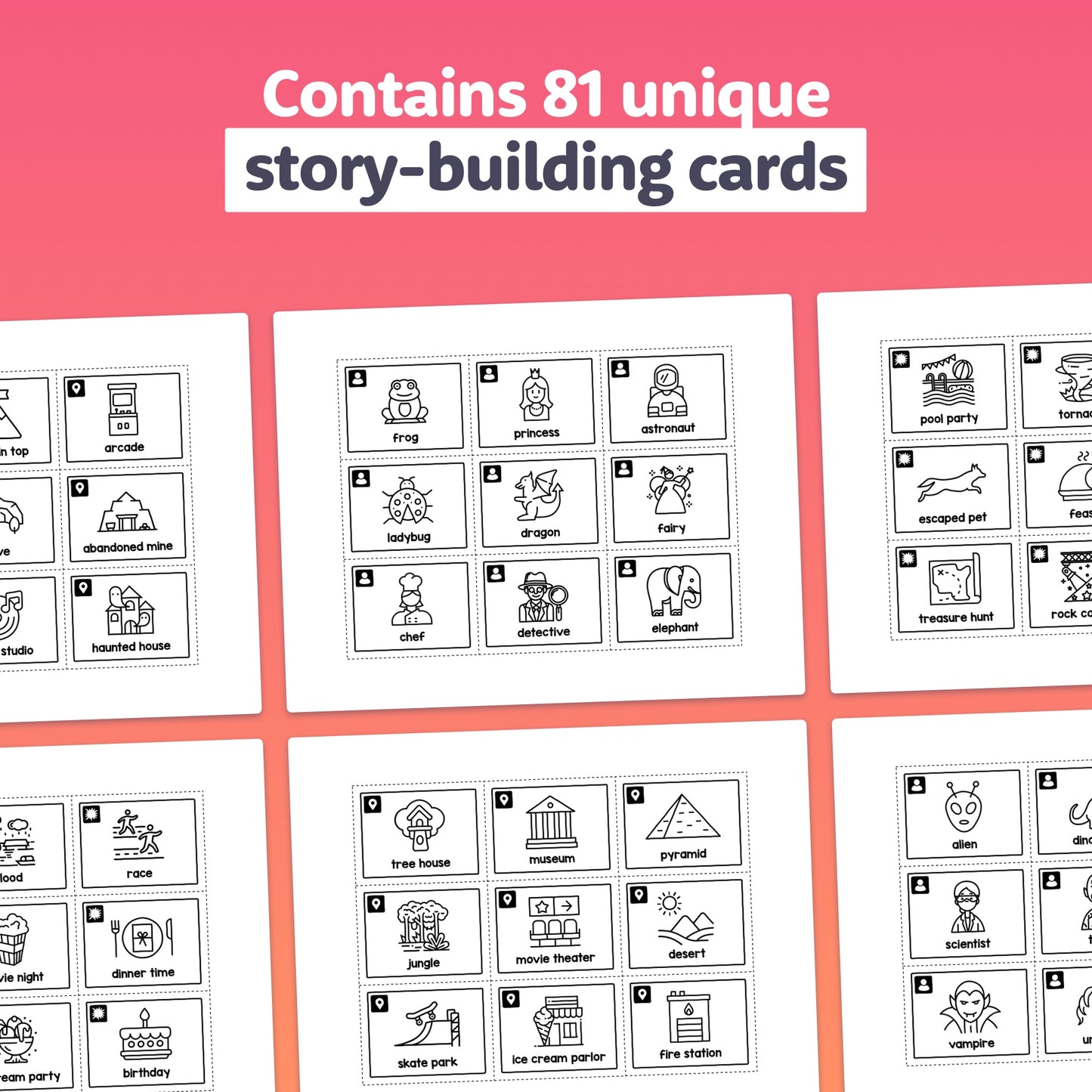 Six cards with illustrated story-building icons for characters, places, and objects.
