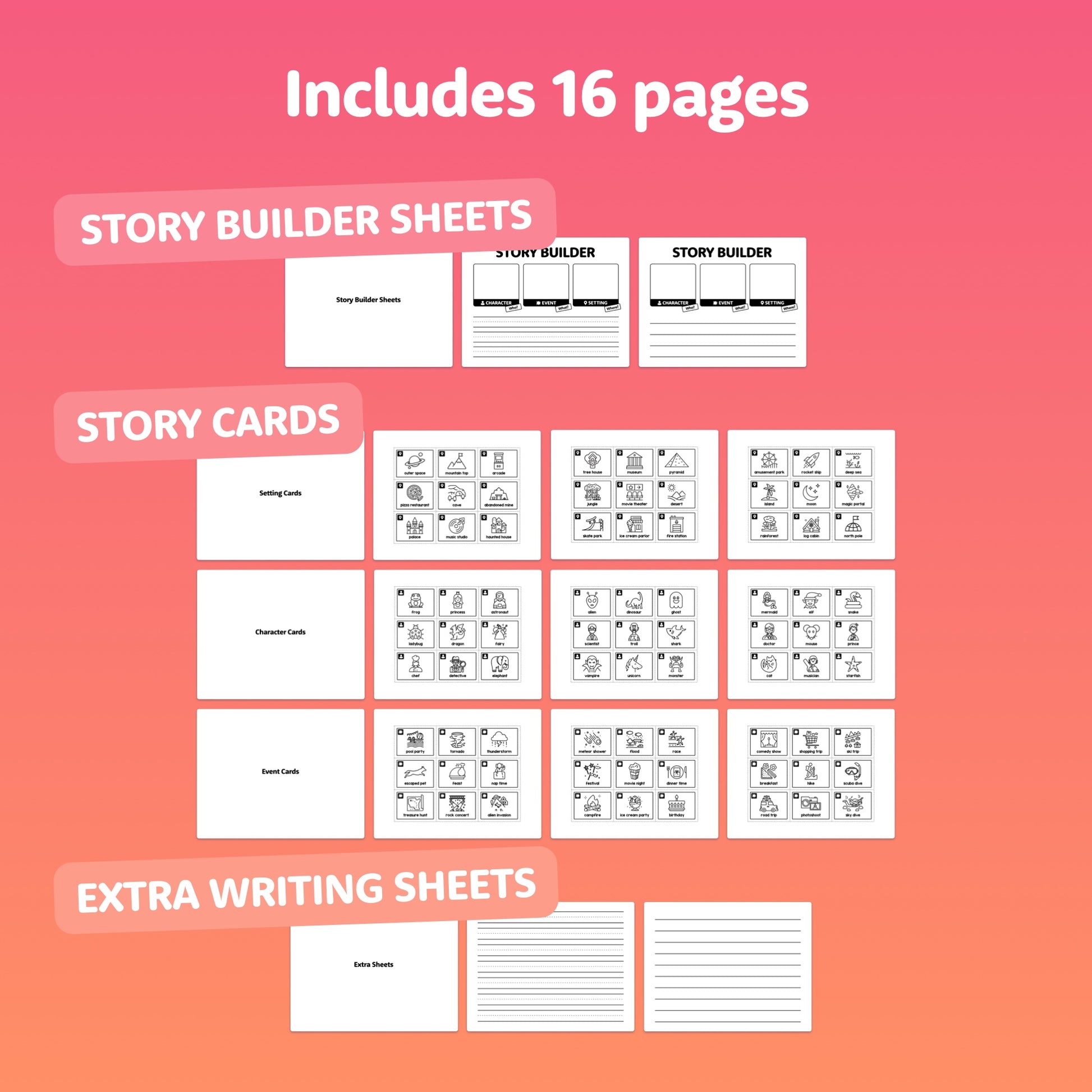 Pack of 16 pages with story builder sheets, story cards, and writing sheets.